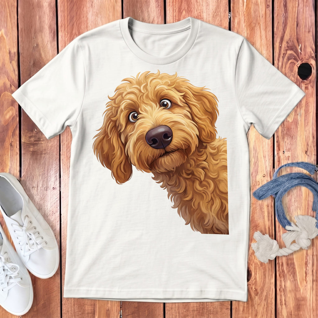 Funny Peeking Apricot Goldendoodle Youth T-Shirt in White / S by Puppy Jo