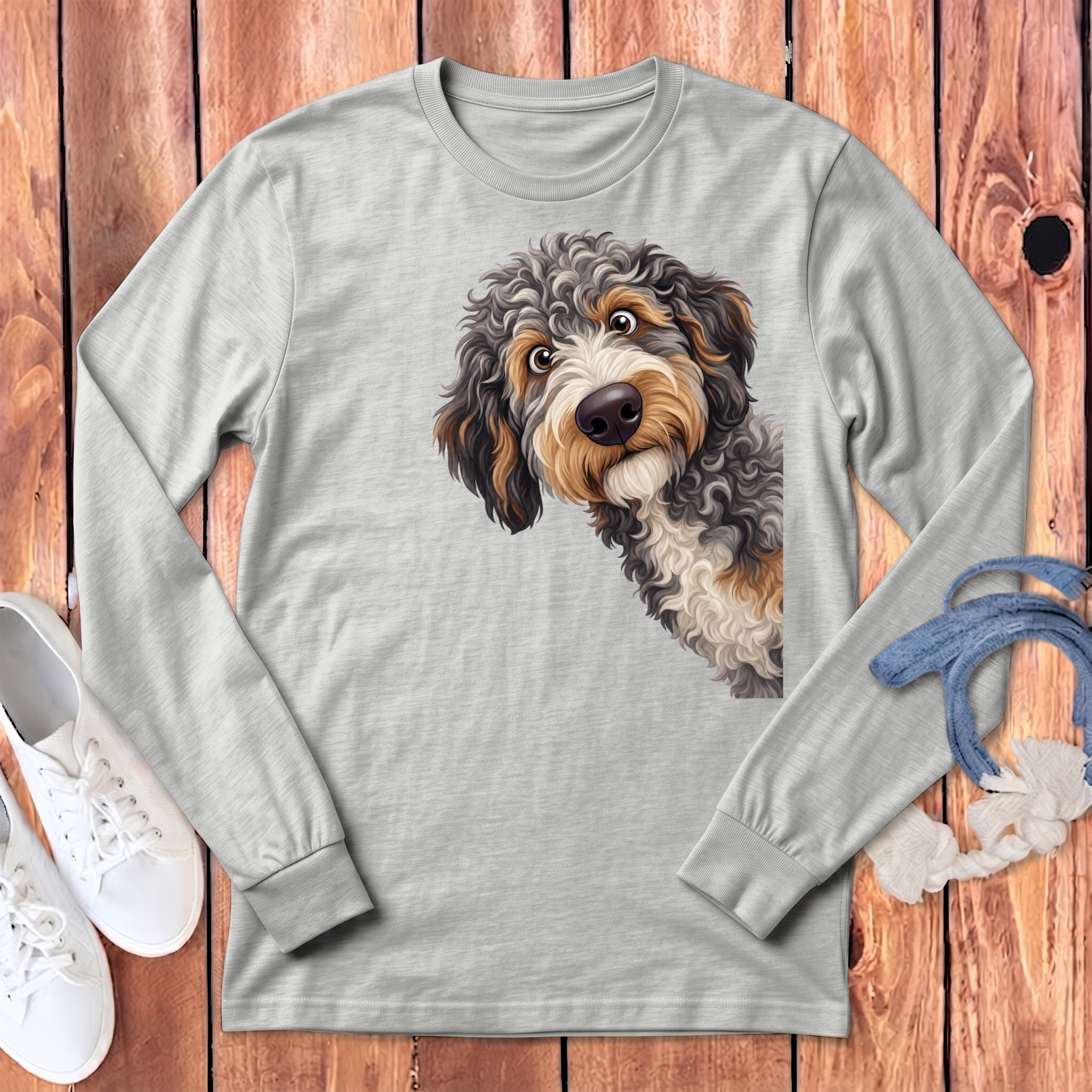 Funny Peeking Aussiedoodle Long Sleeve T-Shirt in Athletic Heather / S by Puppy Jo