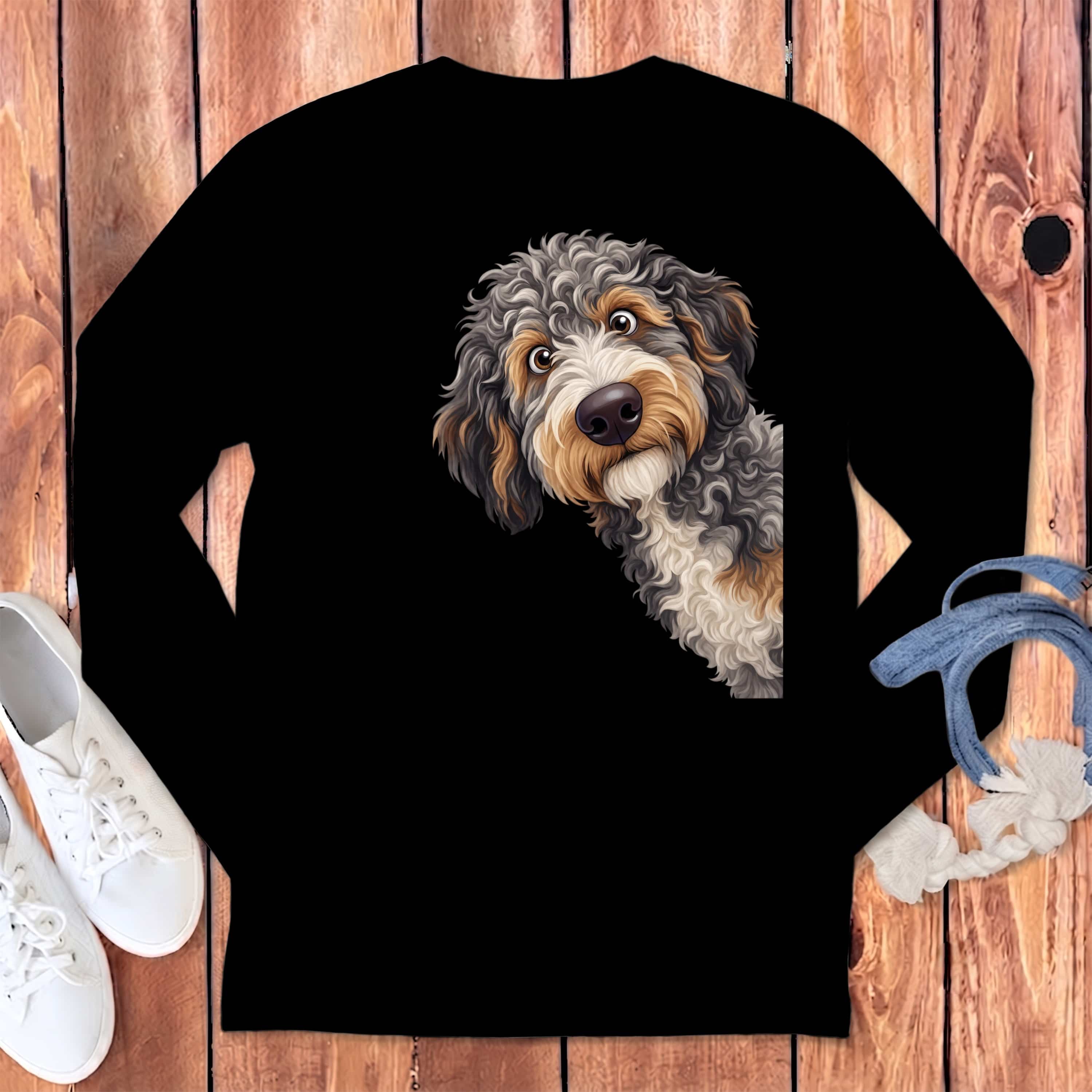 Funny Peeking Aussiedoodle Long Sleeve T-Shirt in Black / S by Puppy Jo
