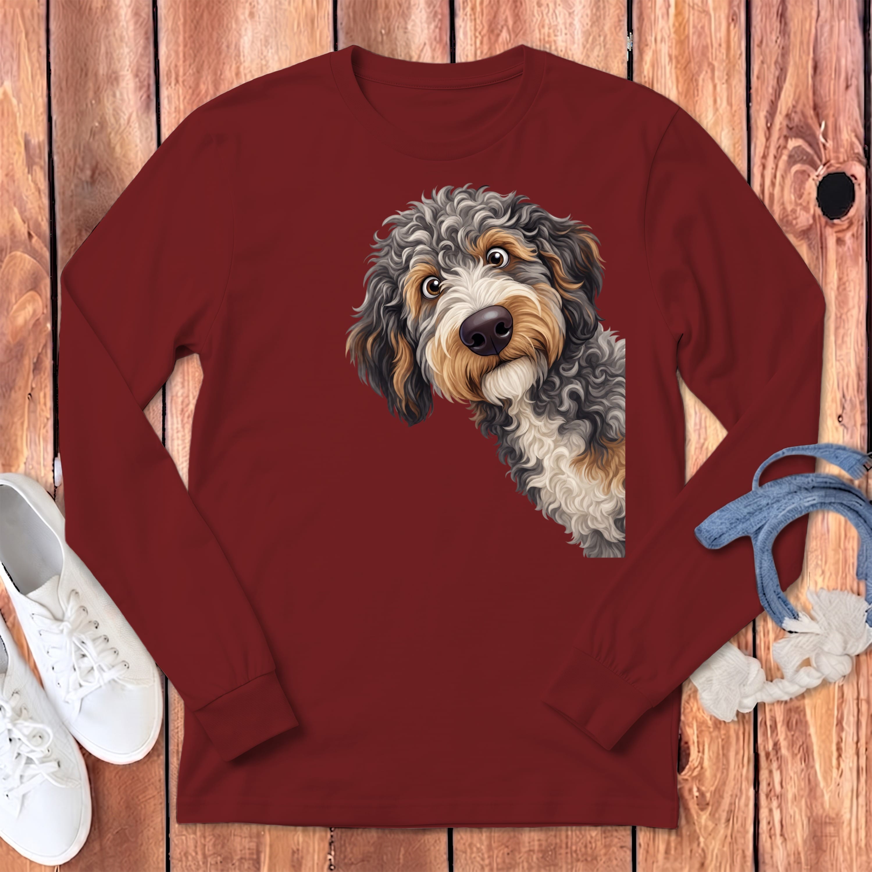 Funny Peeking Aussiedoodle Long Sleeve T-Shirt in Cardinal / S by Puppy Jo