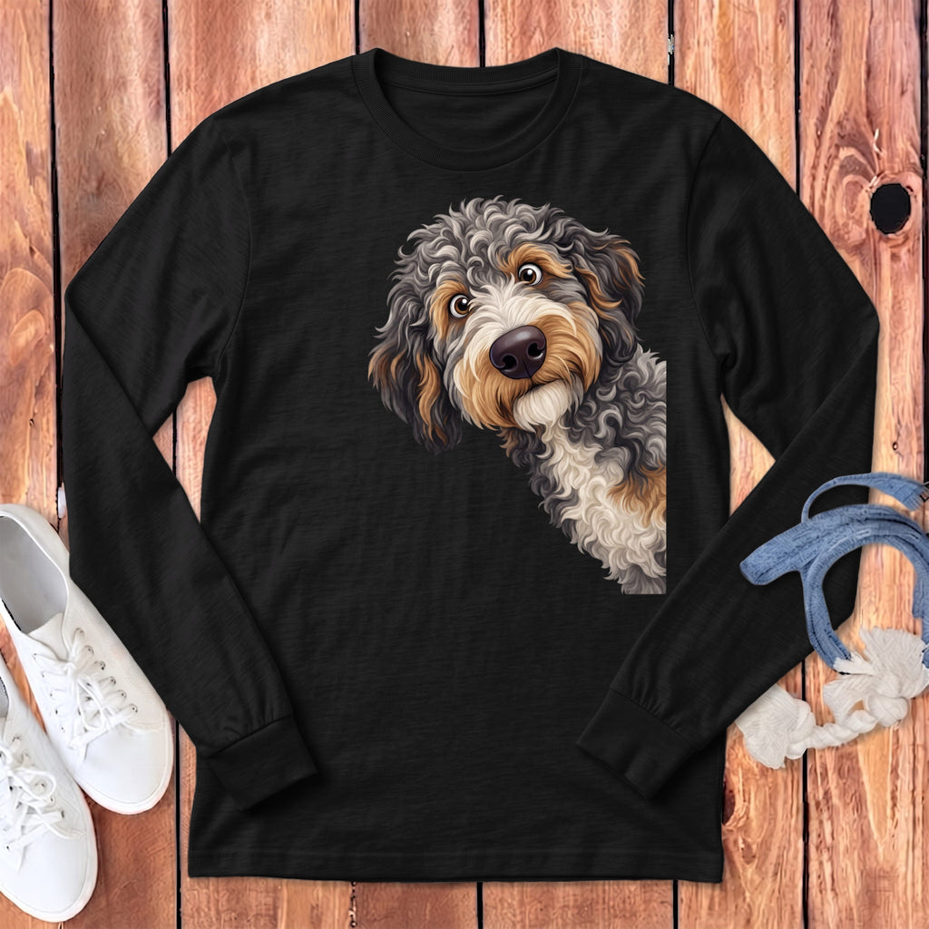 Funny Peeking Aussiedoodle Long Sleeve T-Shirt in Dark Grey Heather / S by Puppy Jo