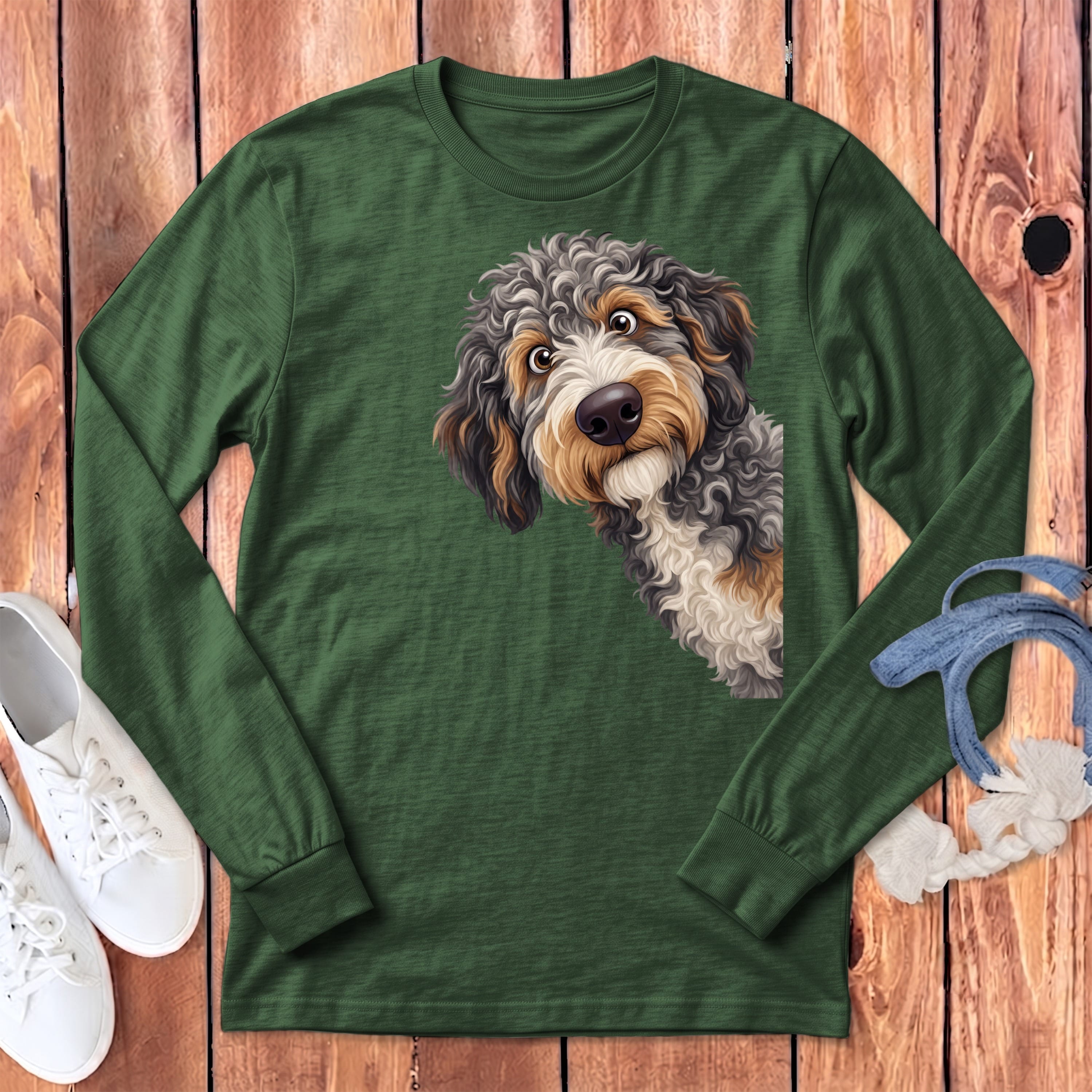 Funny Peeking Aussiedoodle Long Sleeve T-Shirt in Heather Forest / S by Puppy Jo