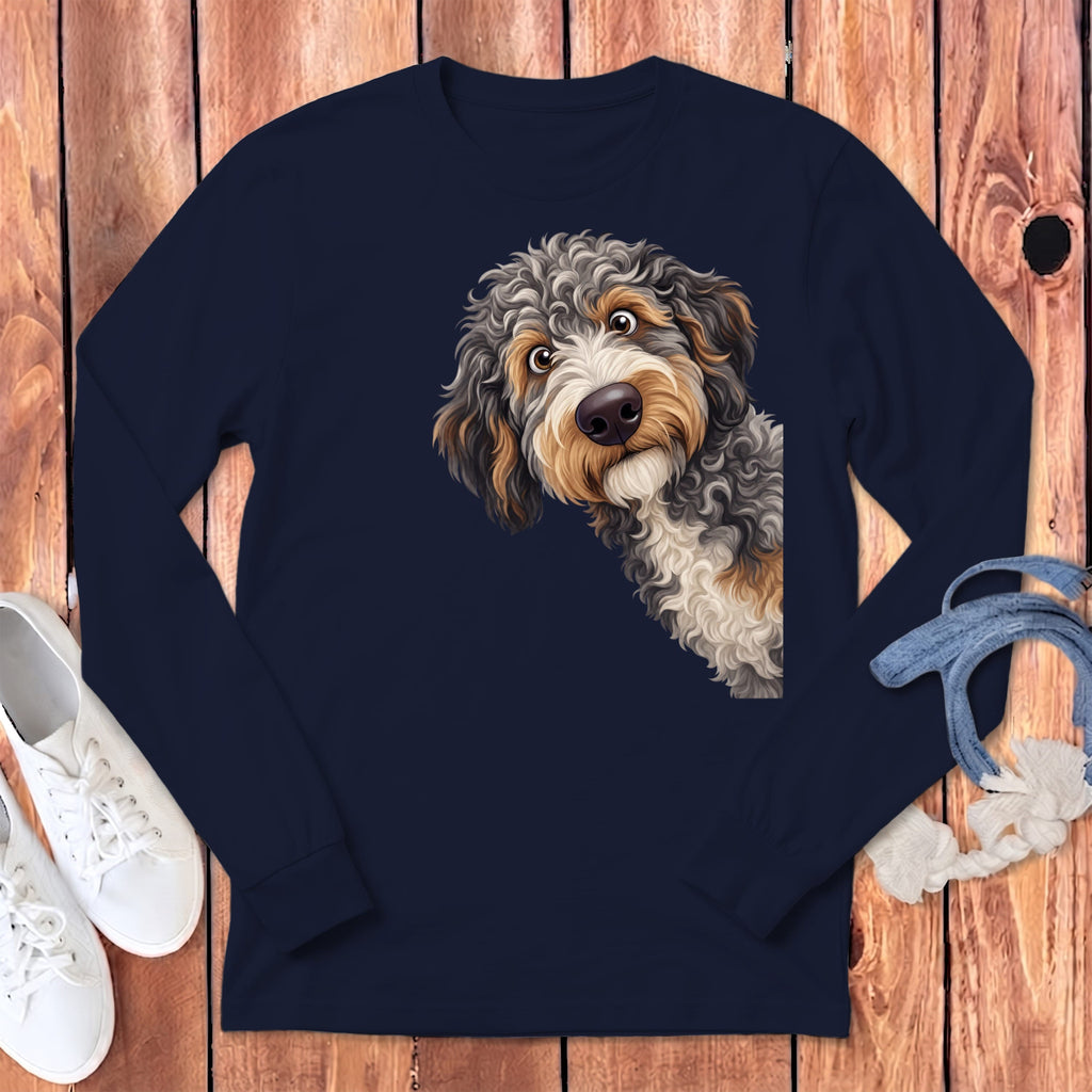 Funny Peeking Aussiedoodle Long Sleeve T-Shirt in Navy / S by Puppy Jo