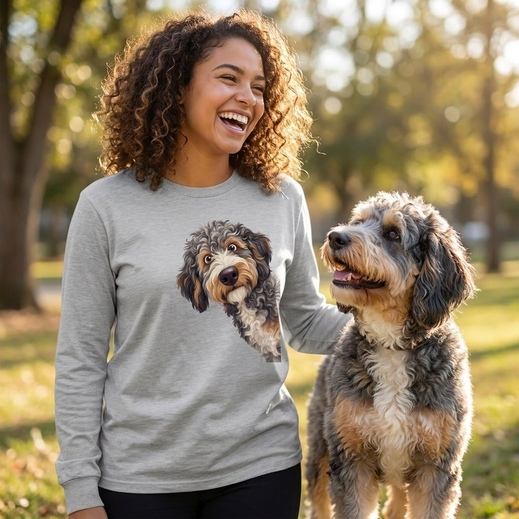 Funny Peeking Aussiedoodle Long Sleeve T-Shirt in by Puppy Jo