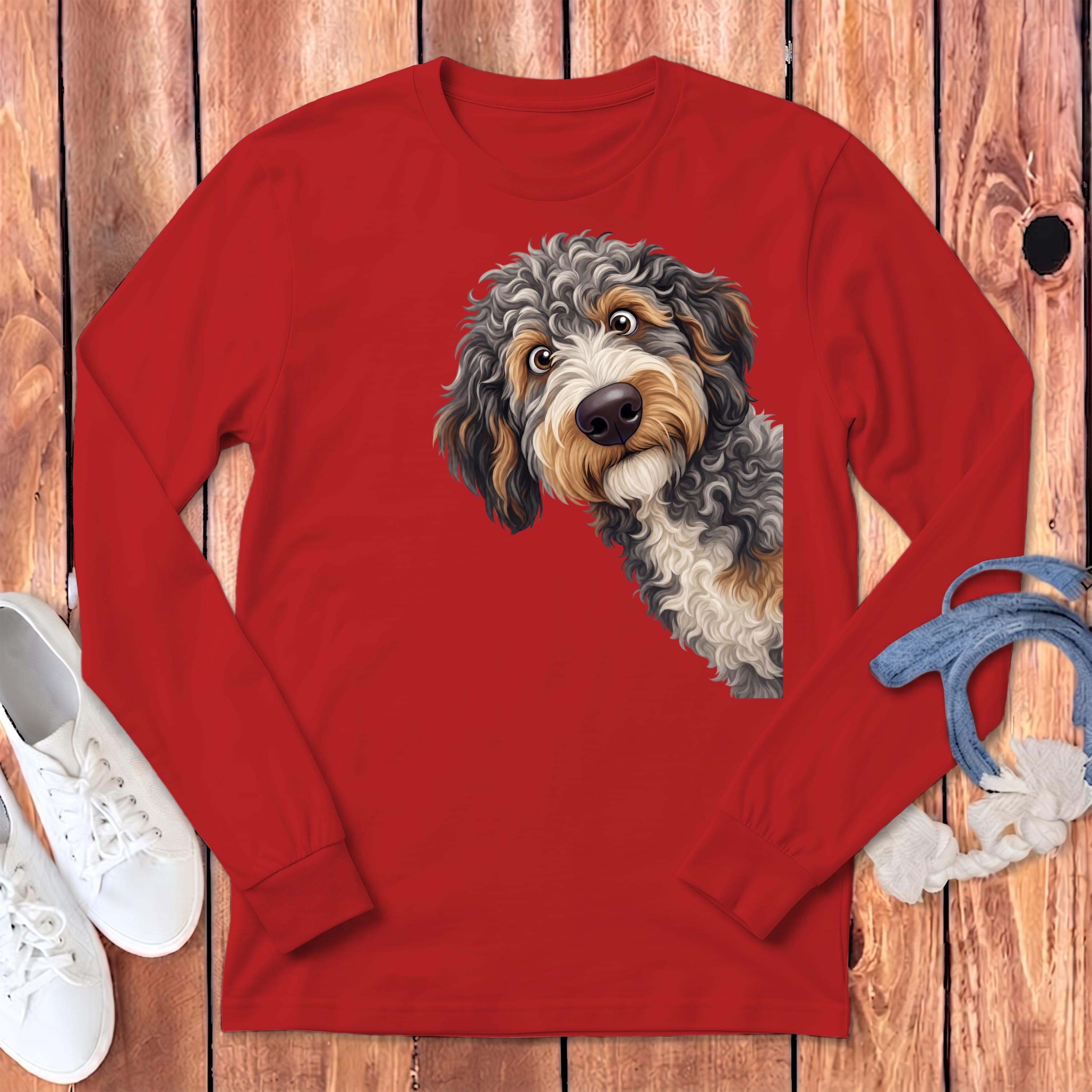 Funny Peeking Aussiedoodle Long Sleeve T-Shirt in Red / S by Puppy Jo