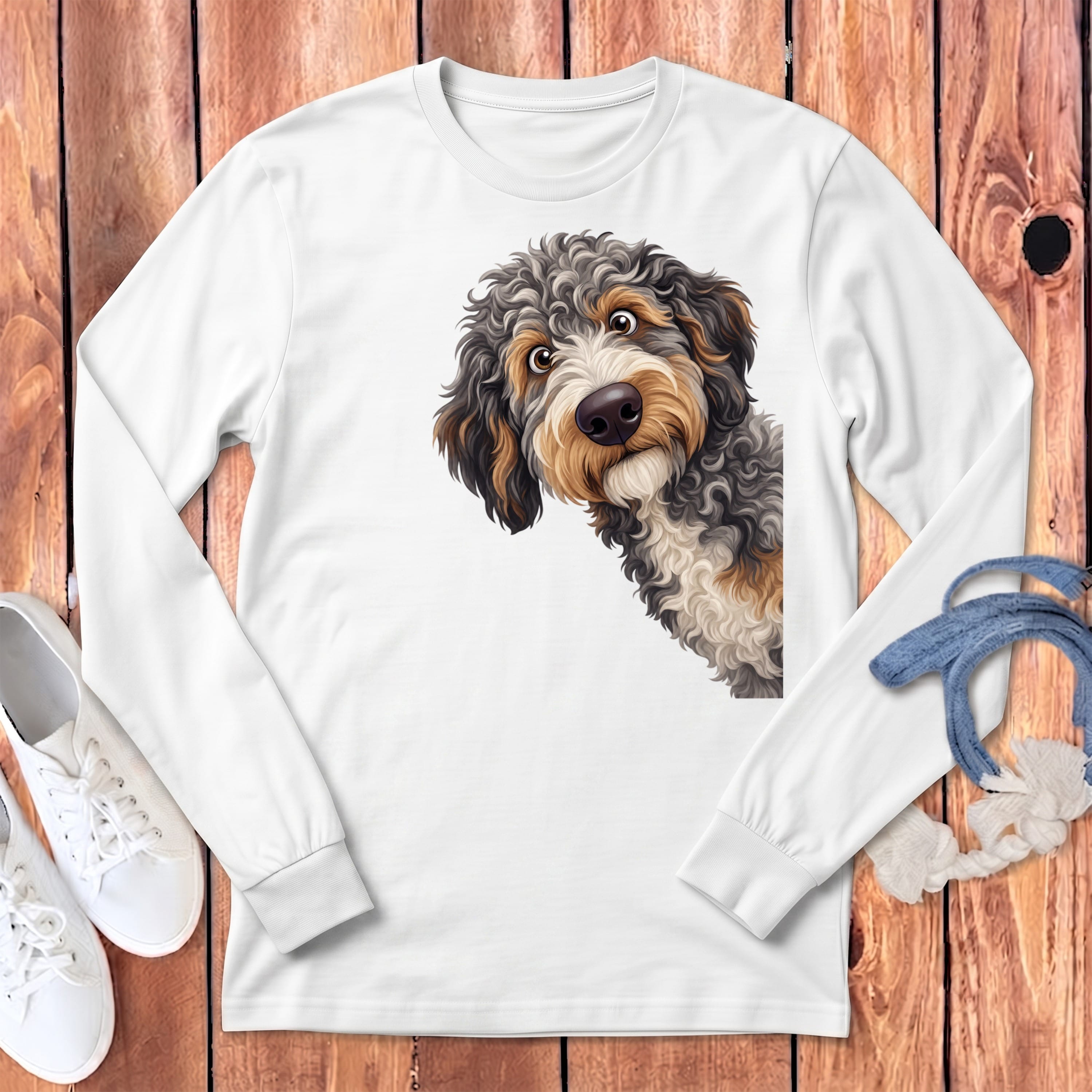 Funny Peeking Aussiedoodle Long Sleeve T-Shirt in White / S by Puppy Jo