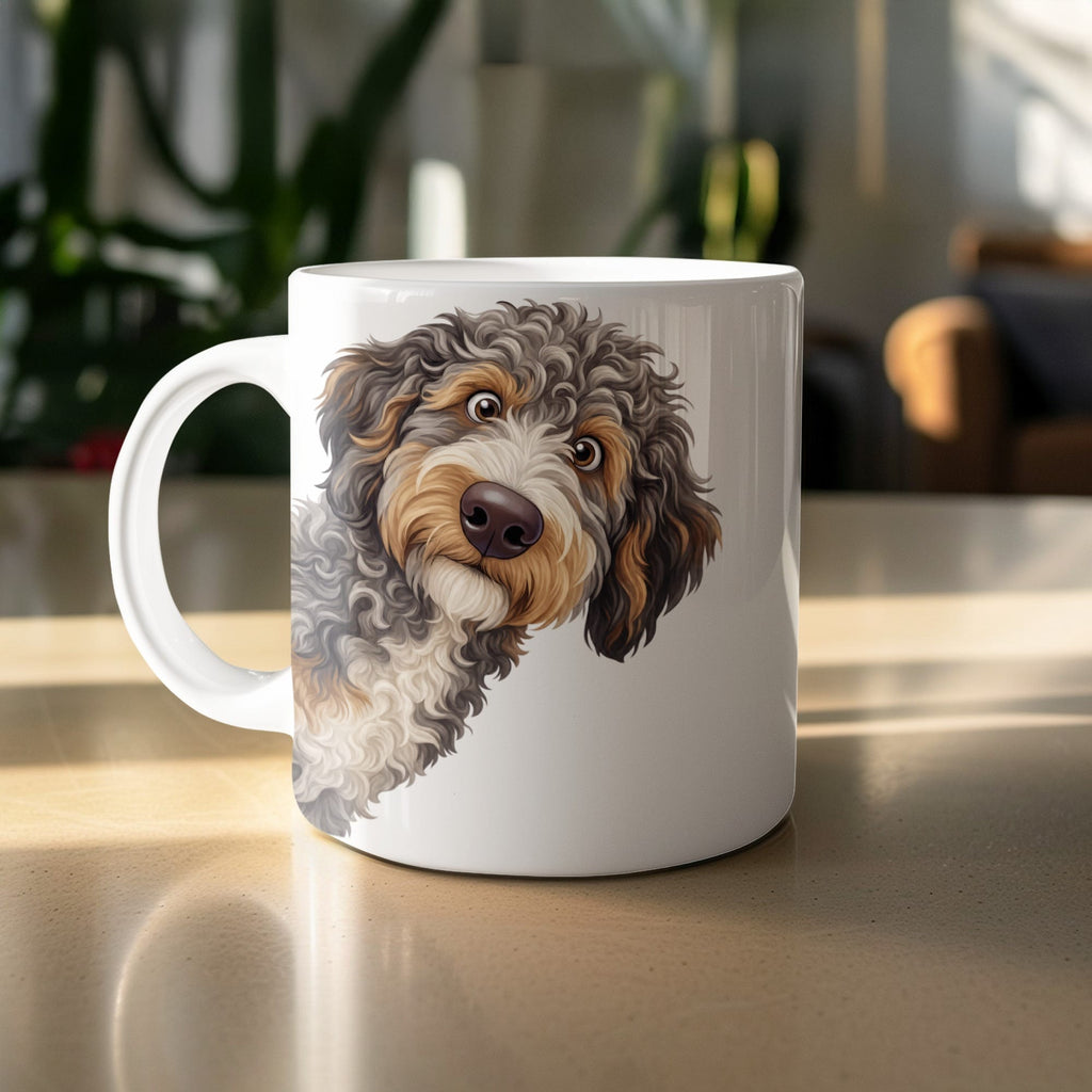 Funny Peeking Aussiedoodle Mug in by Puppy Jo