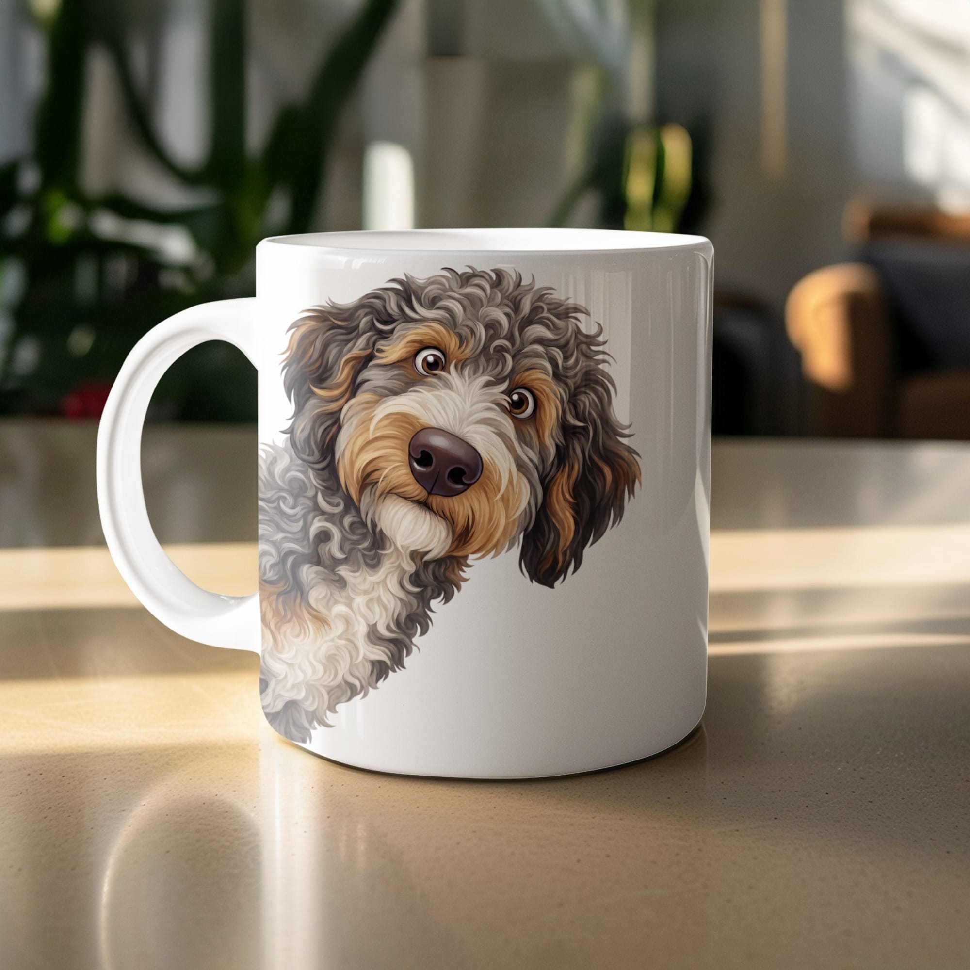 Funny Peeking Aussiedoodle Mug in by Puppy Jo