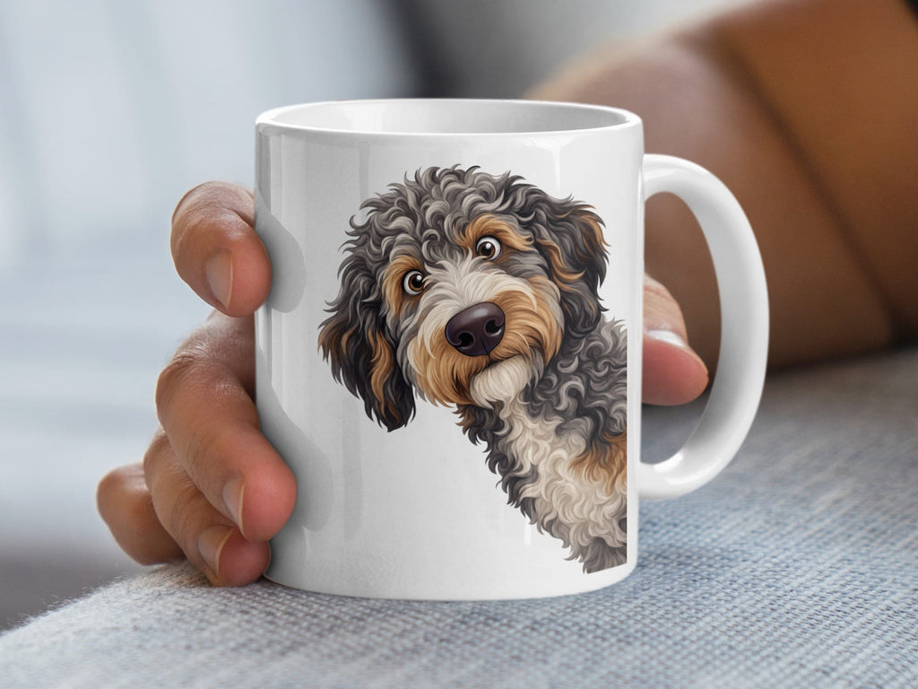 Funny Peeking Aussiedoodle Mug in by Puppy Jo