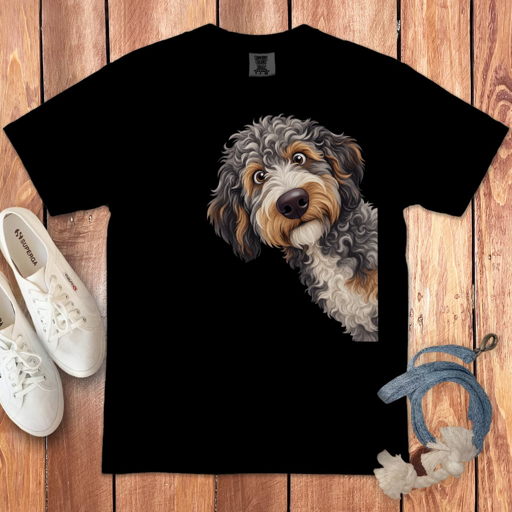Funny Peeking Aussiedoodle Signature T-Shirt in Black / S by Puppy Jo