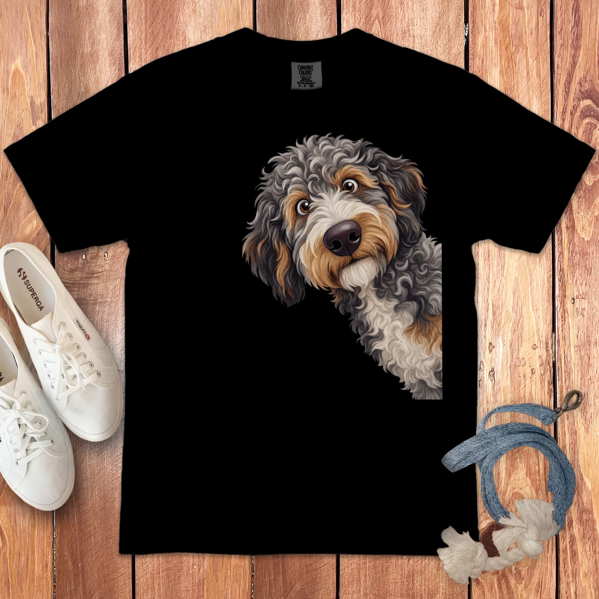 Funny Peeking Aussiedoodle Signature T-Shirt in Black / S by Puppy Jo