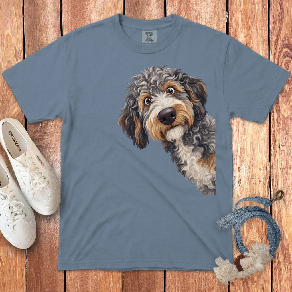 Funny Peeking Aussiedoodle Signature T-Shirt in Blue Jean / S by Puppy Jo