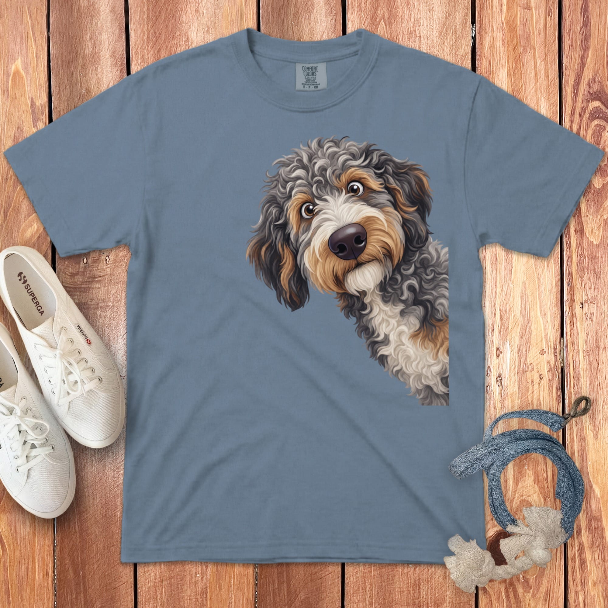 Funny Peeking Aussiedoodle Signature T-Shirt in Blue Jean / S by Puppy Jo