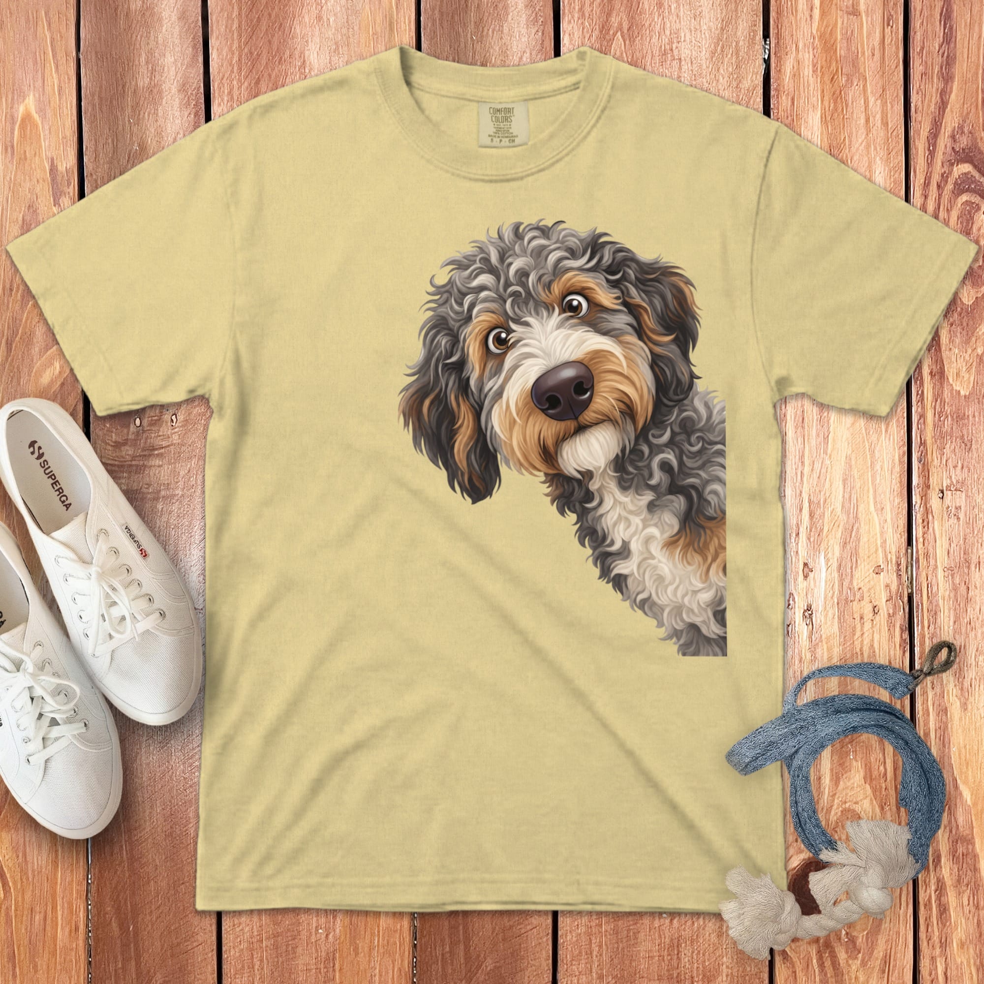 Funny Peeking Aussiedoodle Signature T-Shirt in Butter / S by Puppy Jo