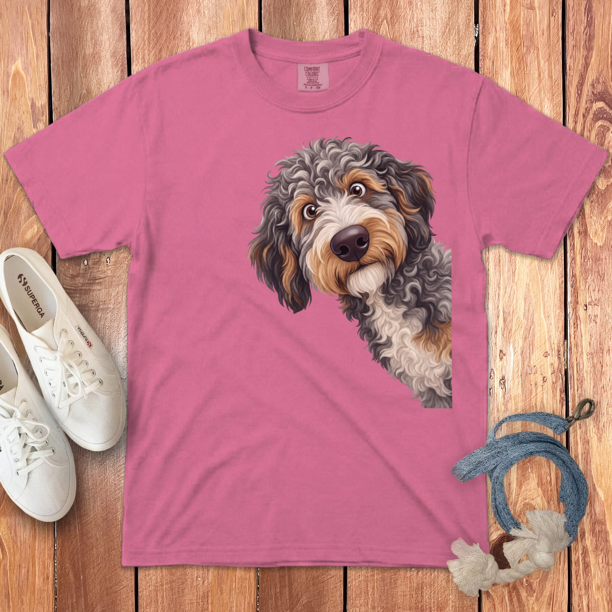 Funny Peeking Aussiedoodle Signature T-Shirt in Crunchberry / S by Puppy Jo