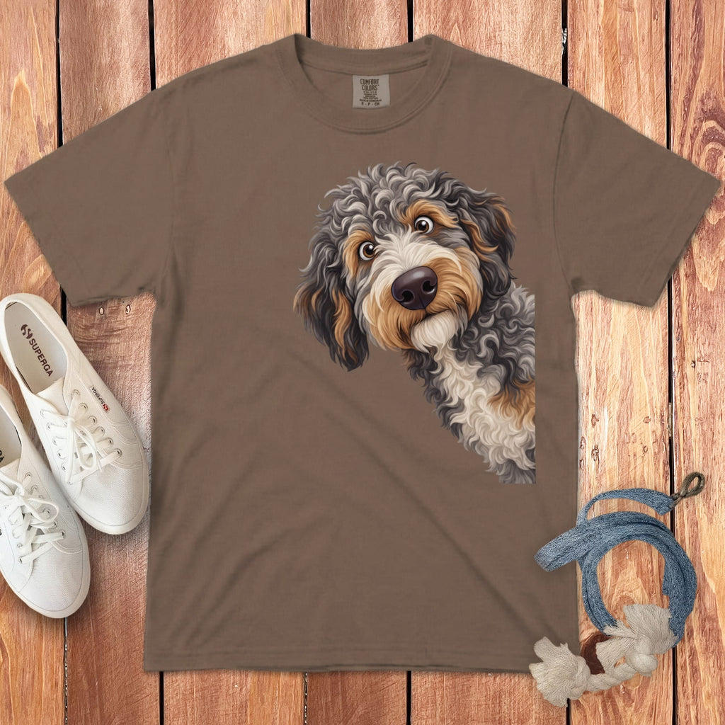 Funny Peeking Aussiedoodle Signature T-Shirt in Espresso / S by Puppy Jo