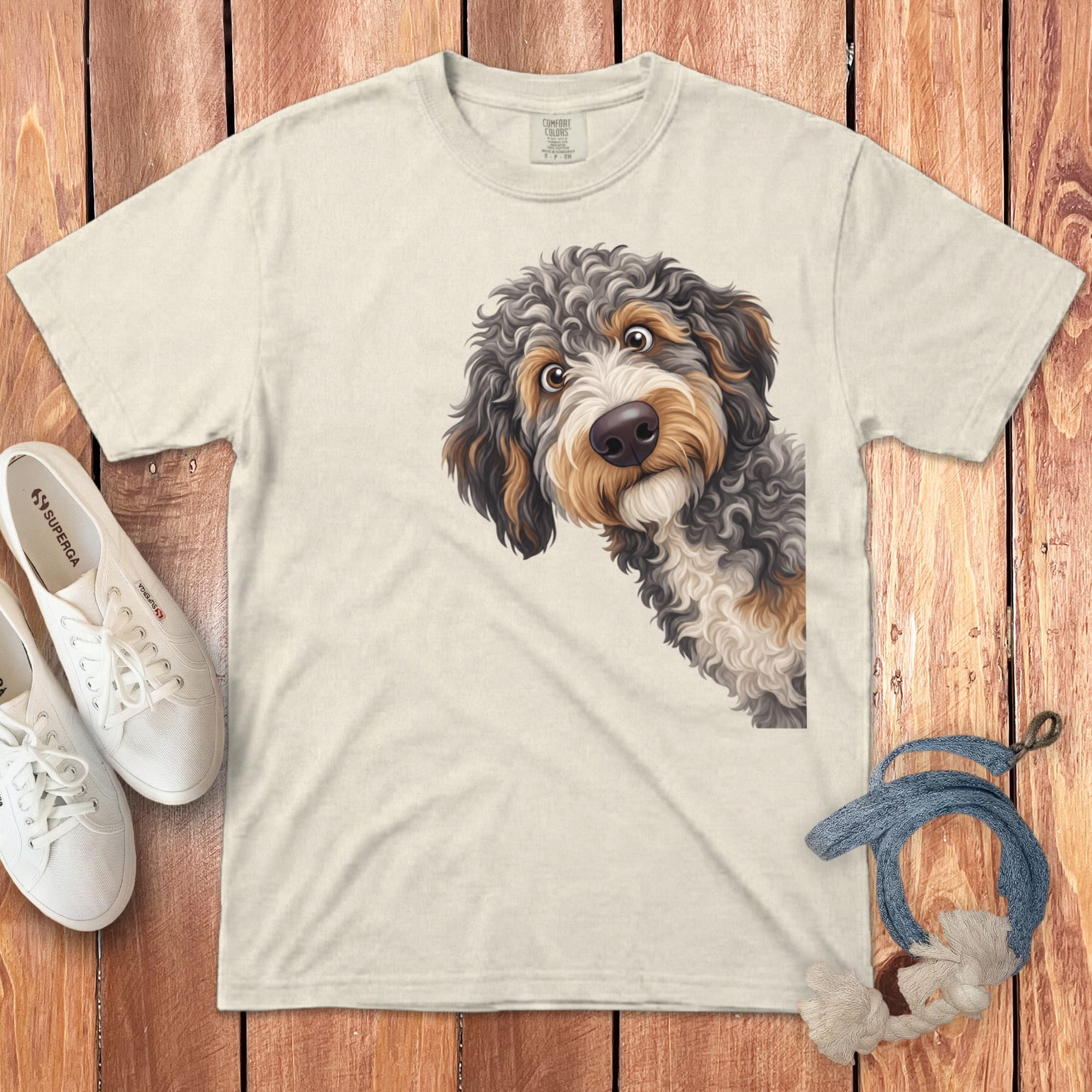 Funny Peeking Aussiedoodle Signature T-Shirt in Ivory / S by Puppy Jo