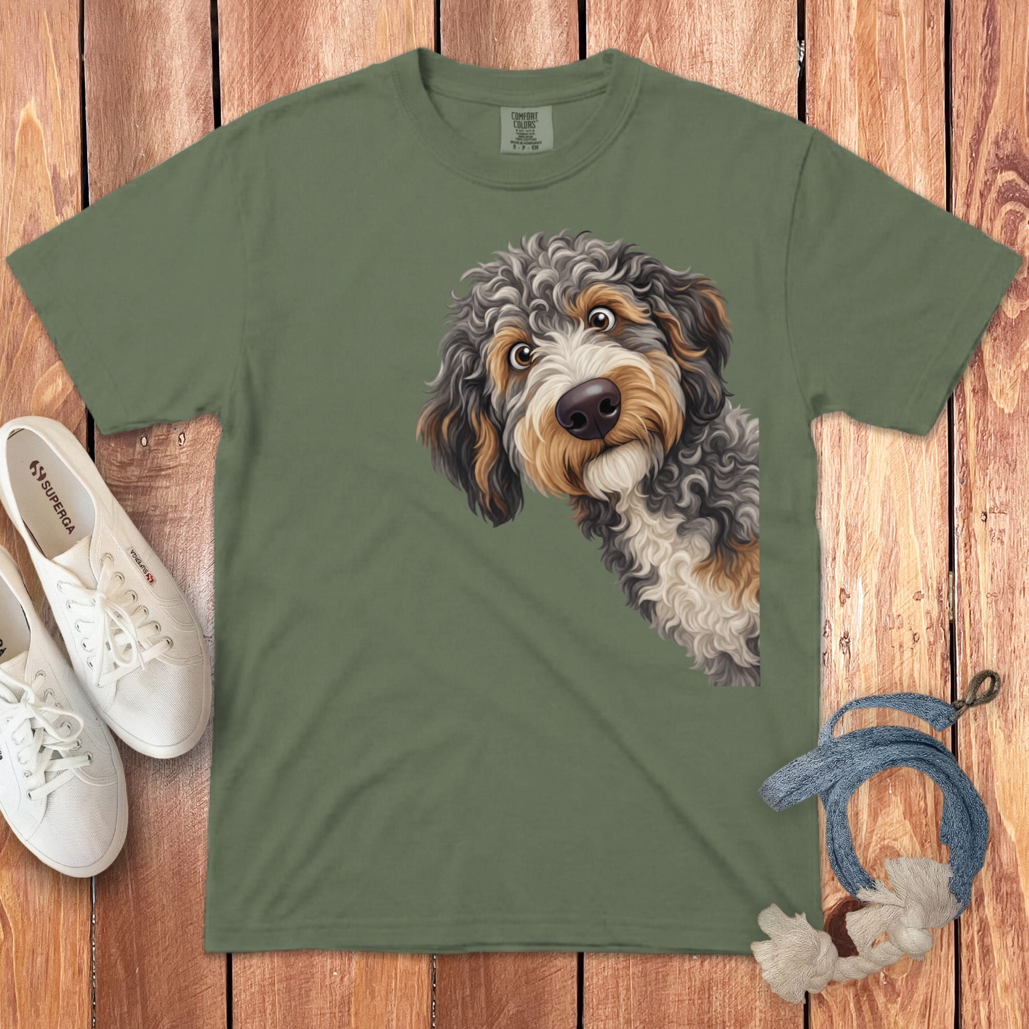 Funny Peeking Aussiedoodle Signature T-Shirt in Moss / S by Puppy Jo