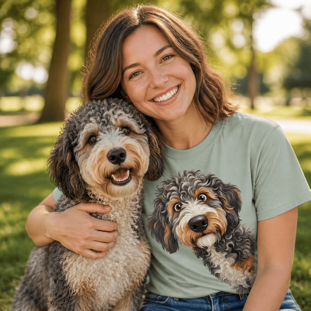 Funny Peeking Aussiedoodle Signature T-Shirt in by Puppy Jo