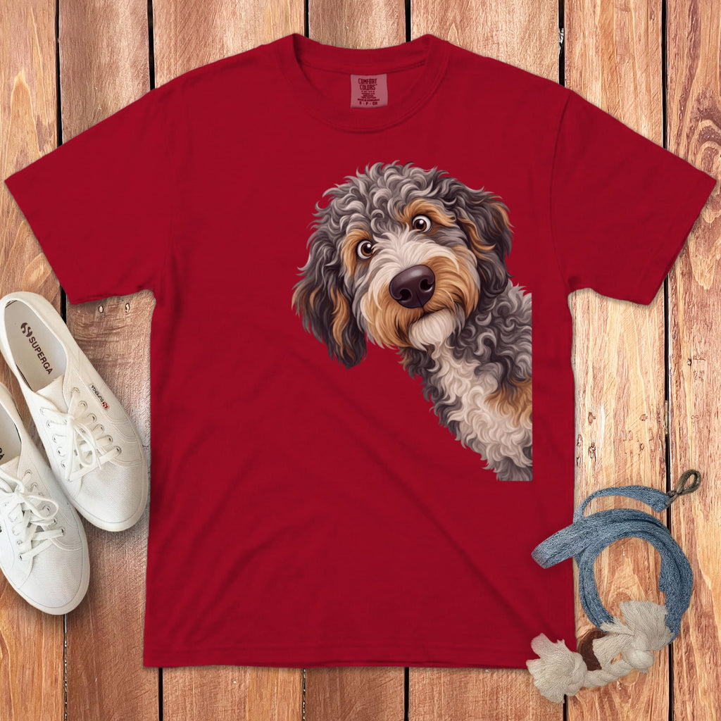 Funny Peeking Aussiedoodle Signature T-Shirt in Red / S by Puppy Jo