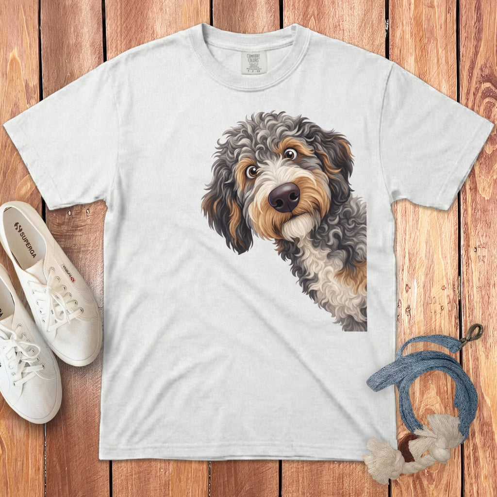 Funny Peeking Aussiedoodle Signature T-Shirt in White / S by Puppy Jo
