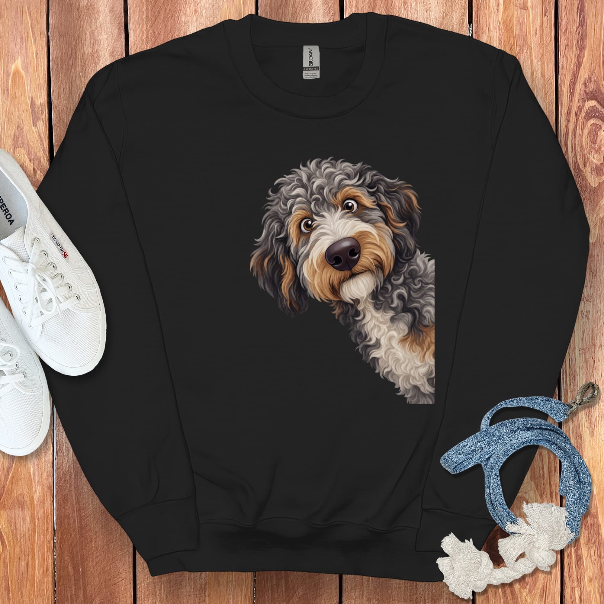 Funny Peeking Aussiedoodle Sweatshirt in Black / S by Puppy Jo