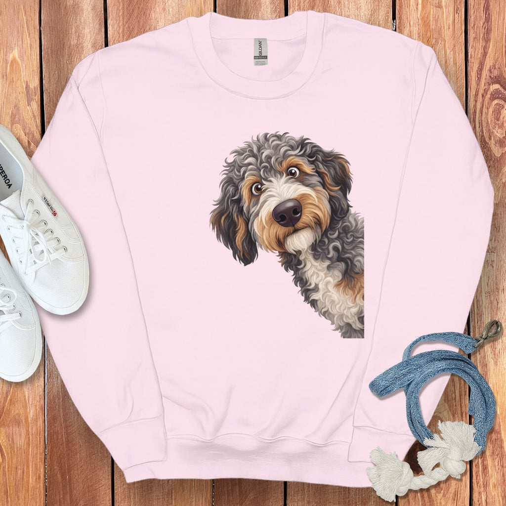 Funny Peeking Aussiedoodle Sweatshirt in Light Pink / S by Puppy Jo
