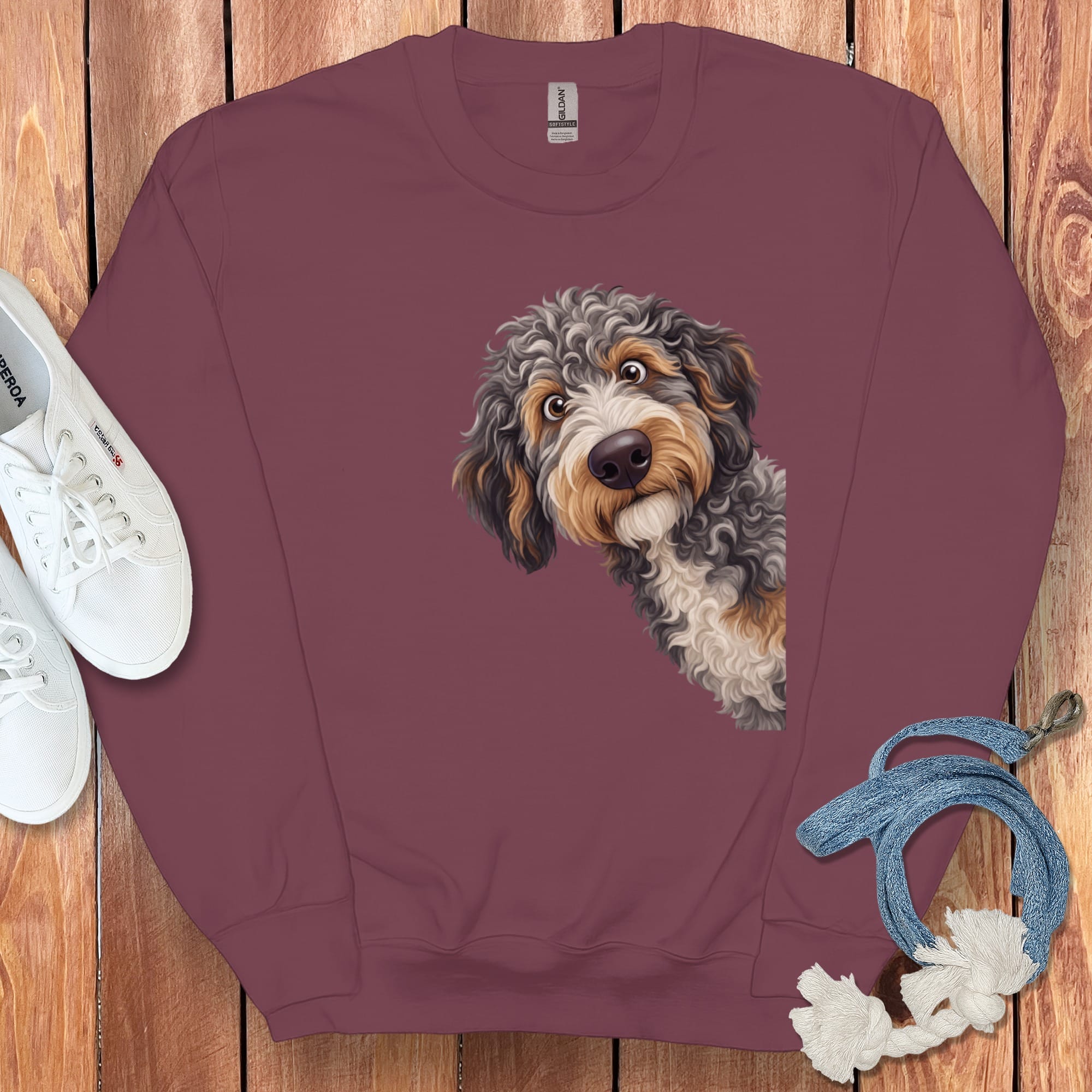 Funny Peeking Aussiedoodle Sweatshirt in Maroon / S by Puppy Jo