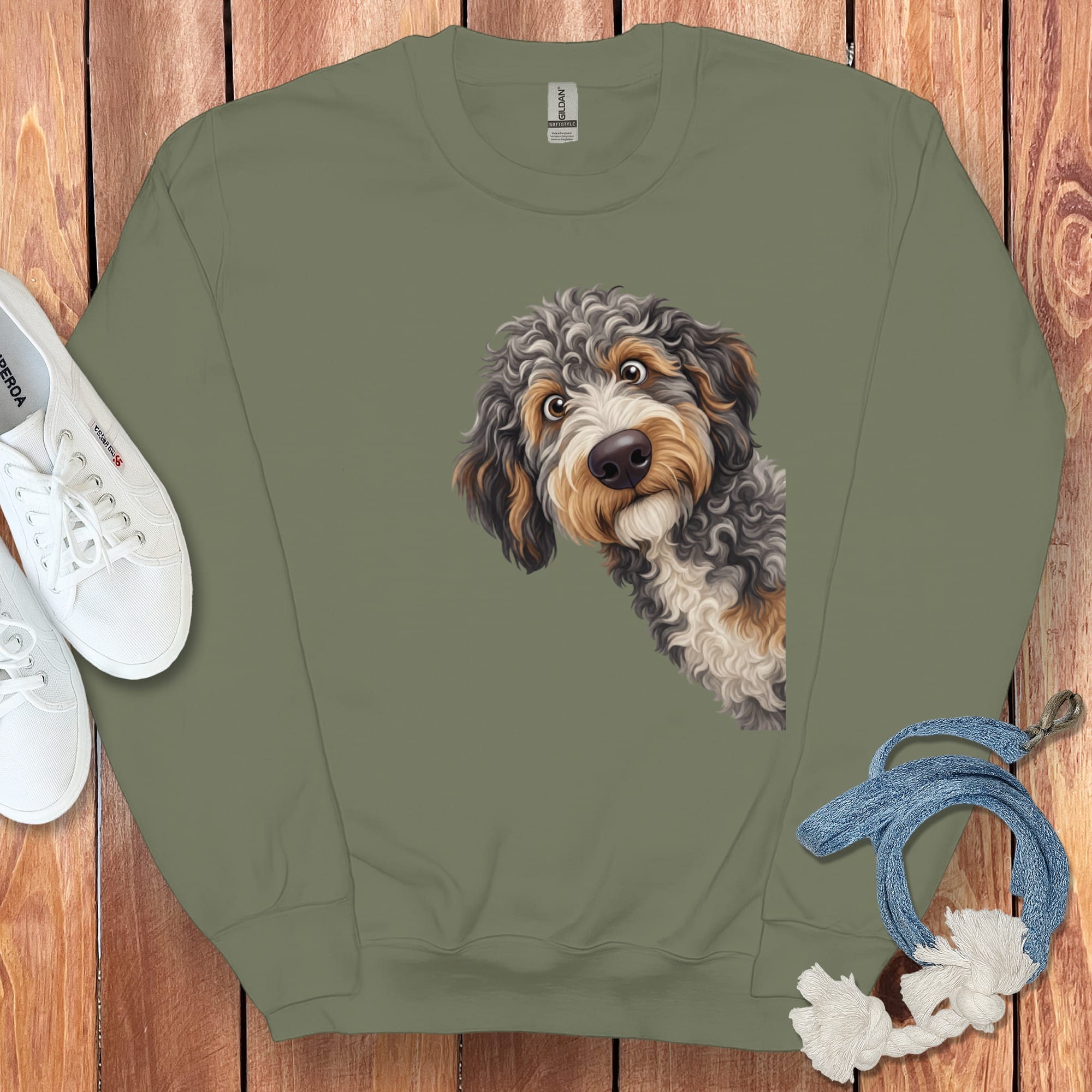 Funny Peeking Aussiedoodle Sweatshirt in Military Green / S by Puppy Jo