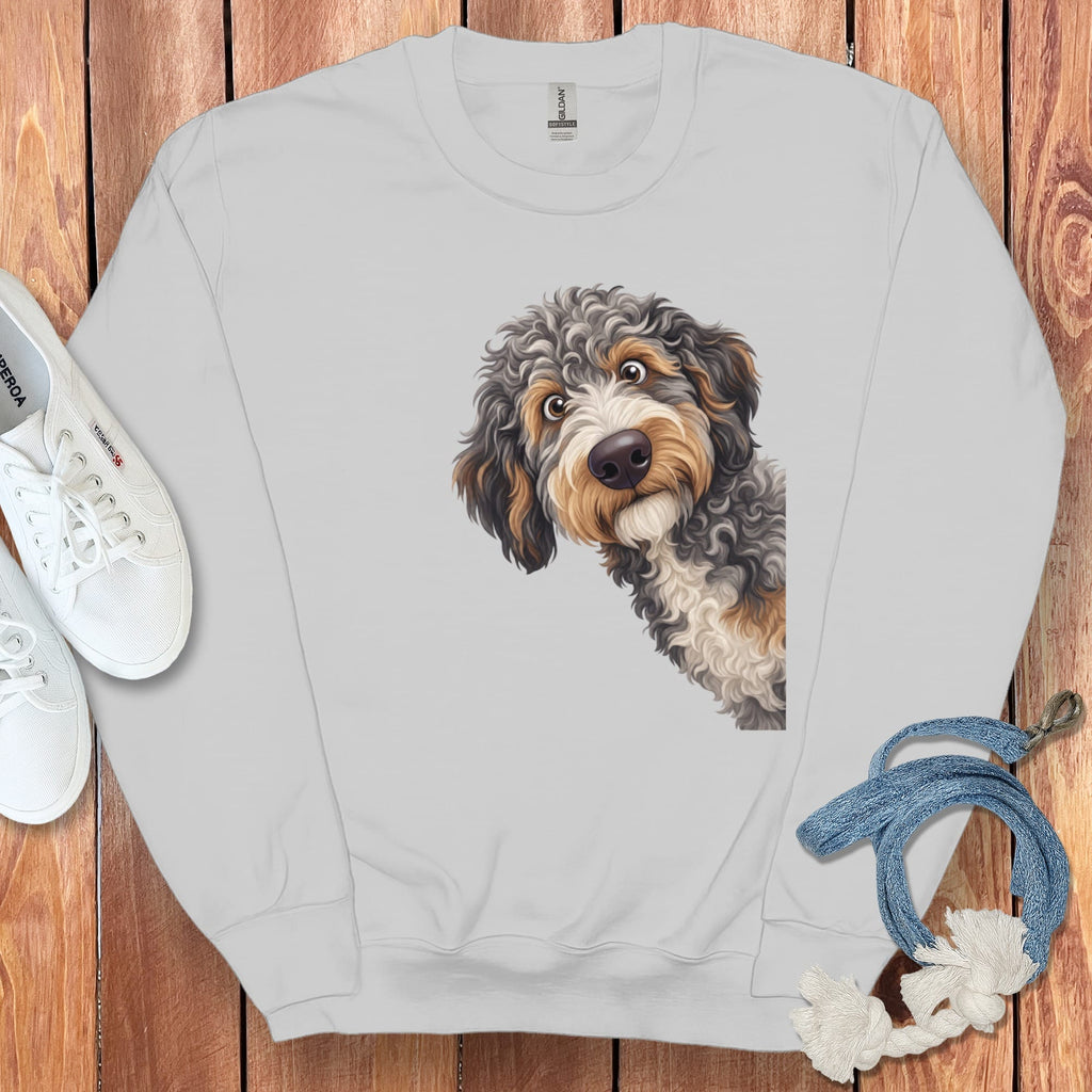Funny Peeking Aussiedoodle Sweatshirt in by Puppy Jo