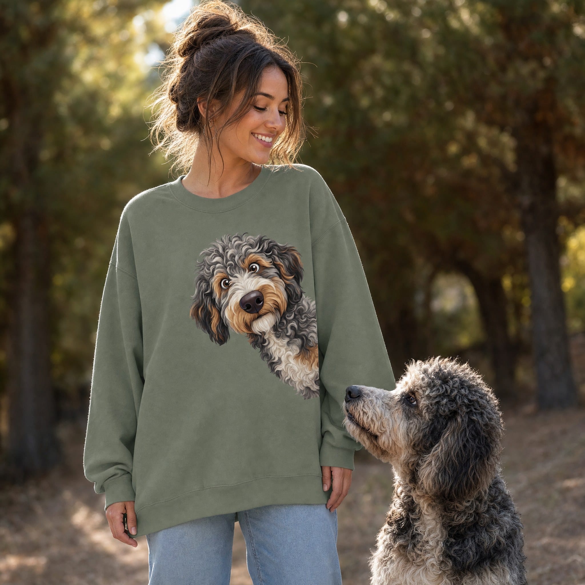 Funny Peeking Aussiedoodle Sweatshirt in by Puppy Jo