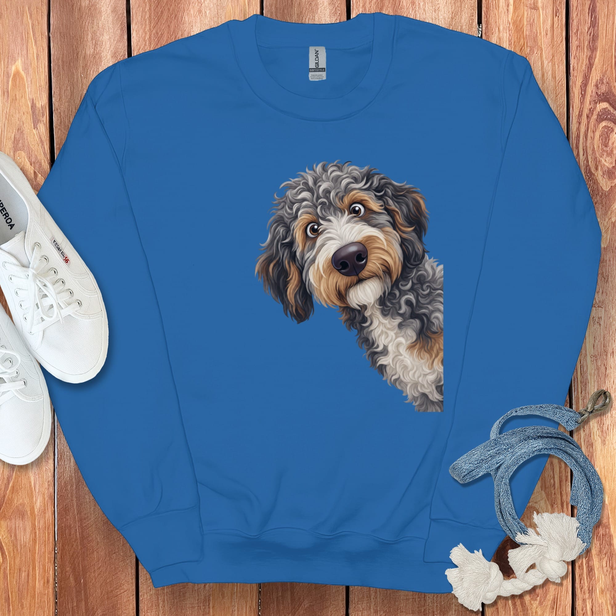 Funny Peeking Aussiedoodle Sweatshirt in Royal / S by Puppy Jo