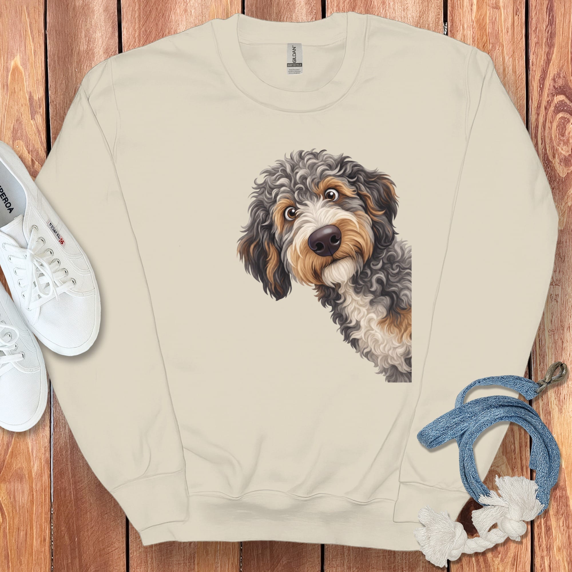 Funny Peeking Aussiedoodle Sweatshirt in Sand / S by Puppy Jo