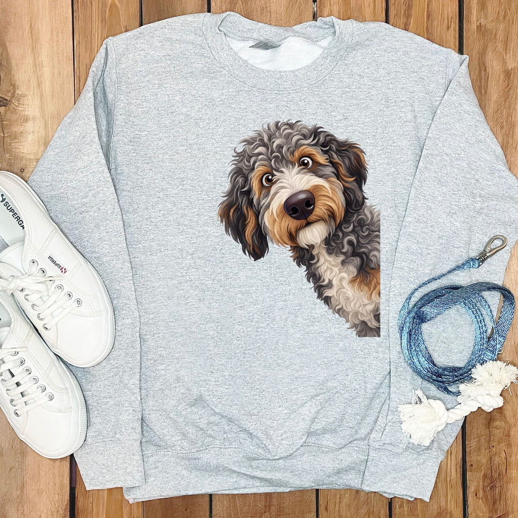 Funny Peeking Aussiedoodle Sweatshirt in Sport Grey / S by Puppy Jo