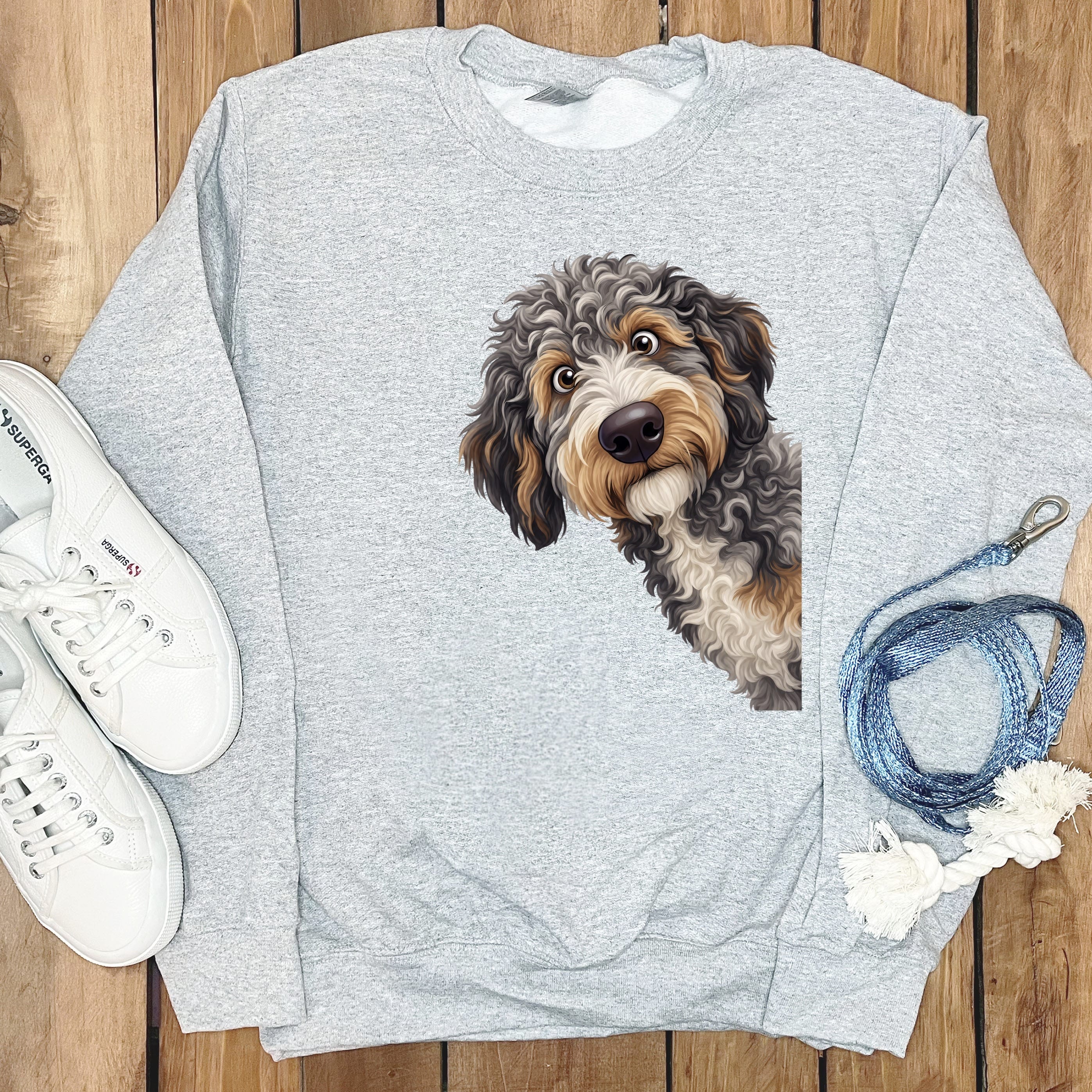 Funny Peeking Aussiedoodle Sweatshirt in Sport Grey / S by Puppy Jo