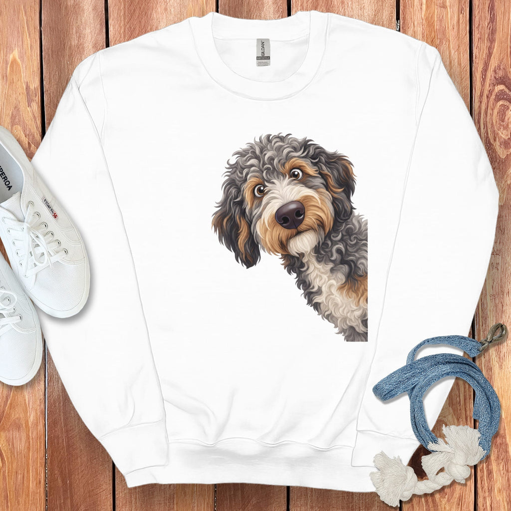 Funny Peeking Aussiedoodle Sweatshirt in White / S by Puppy Jo