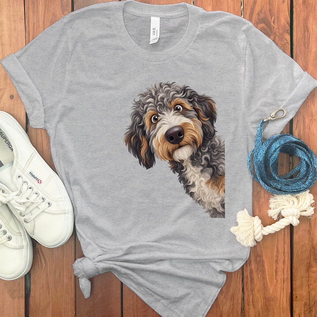 Funny Peeking Aussiedoodle T-Shirt in Athletic Heather / S by Puppy Jo