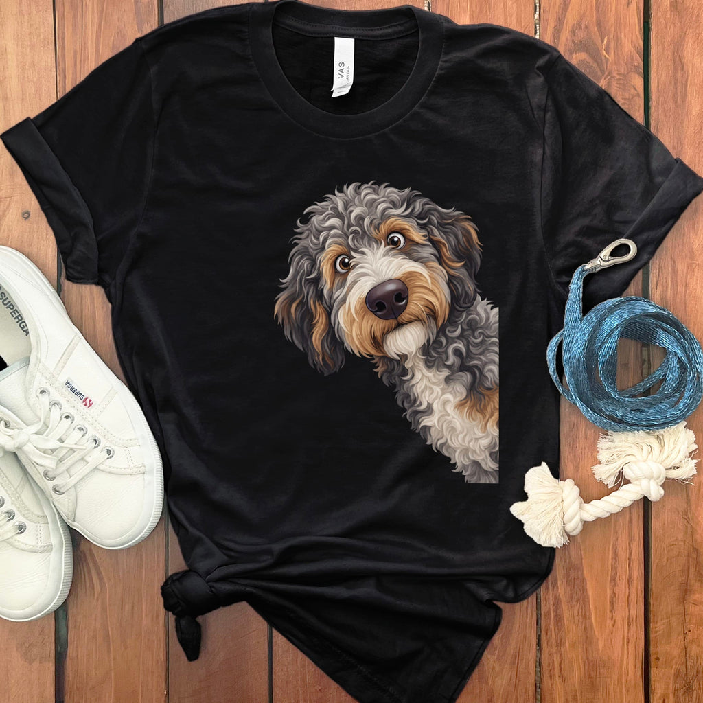 Funny Peeking Aussiedoodle T-Shirt in Black / S by Puppy Jo