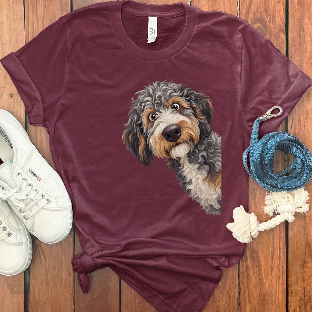 Funny Peeking Aussiedoodle T-Shirt in Maroon / S by Puppy Jo