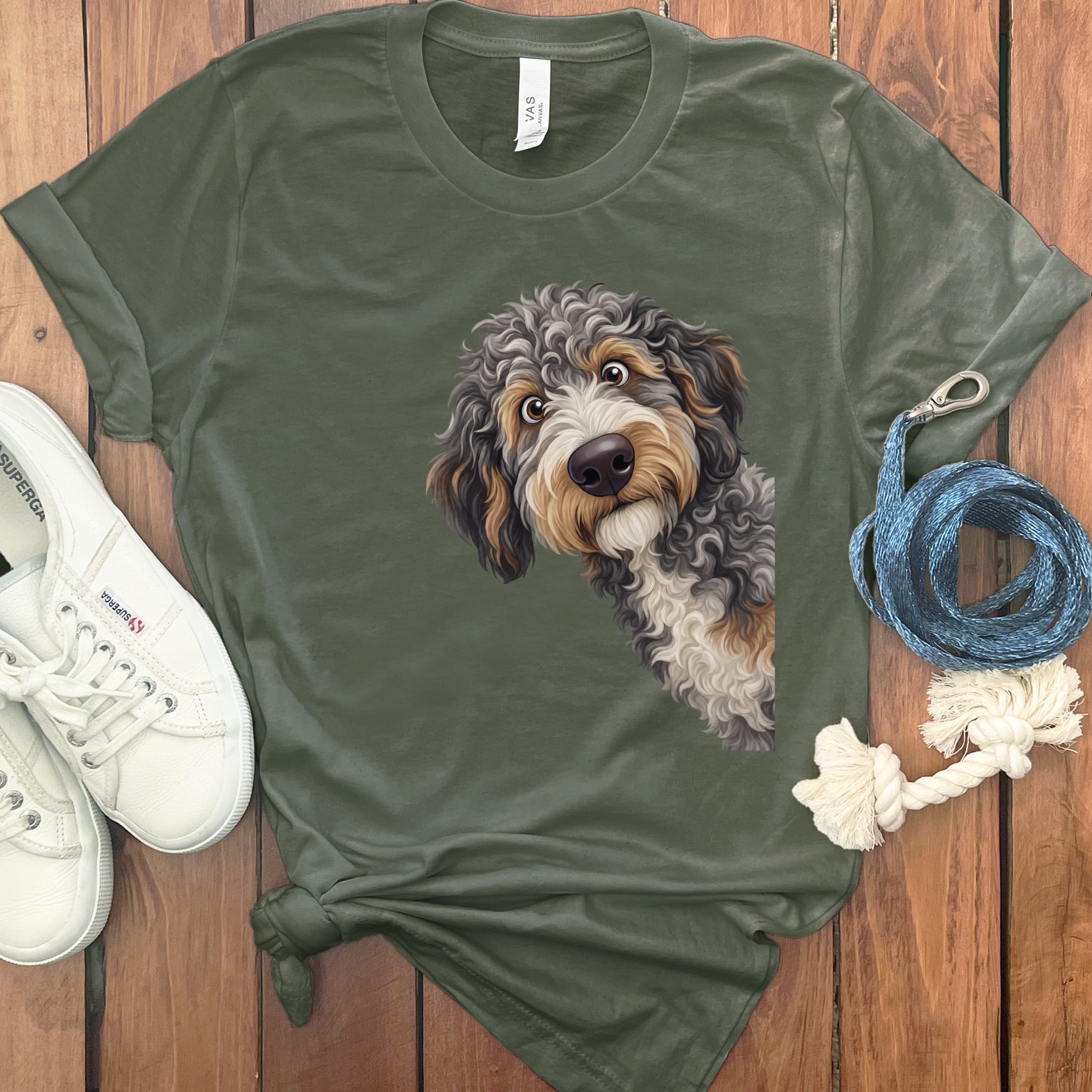Funny Peeking Aussiedoodle T-Shirt in Military Green / S by Puppy Jo