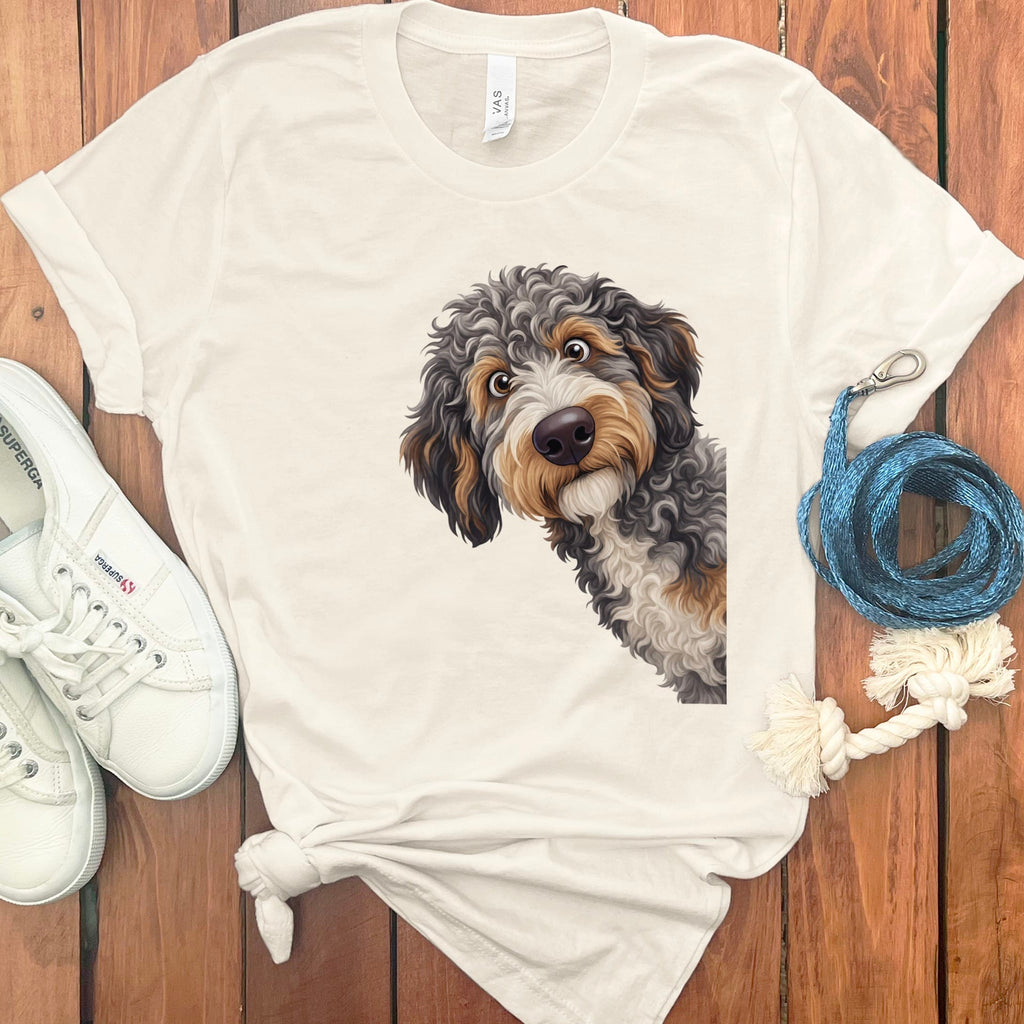 Funny Peeking Aussiedoodle T-Shirt in Natural / S by Puppy Jo