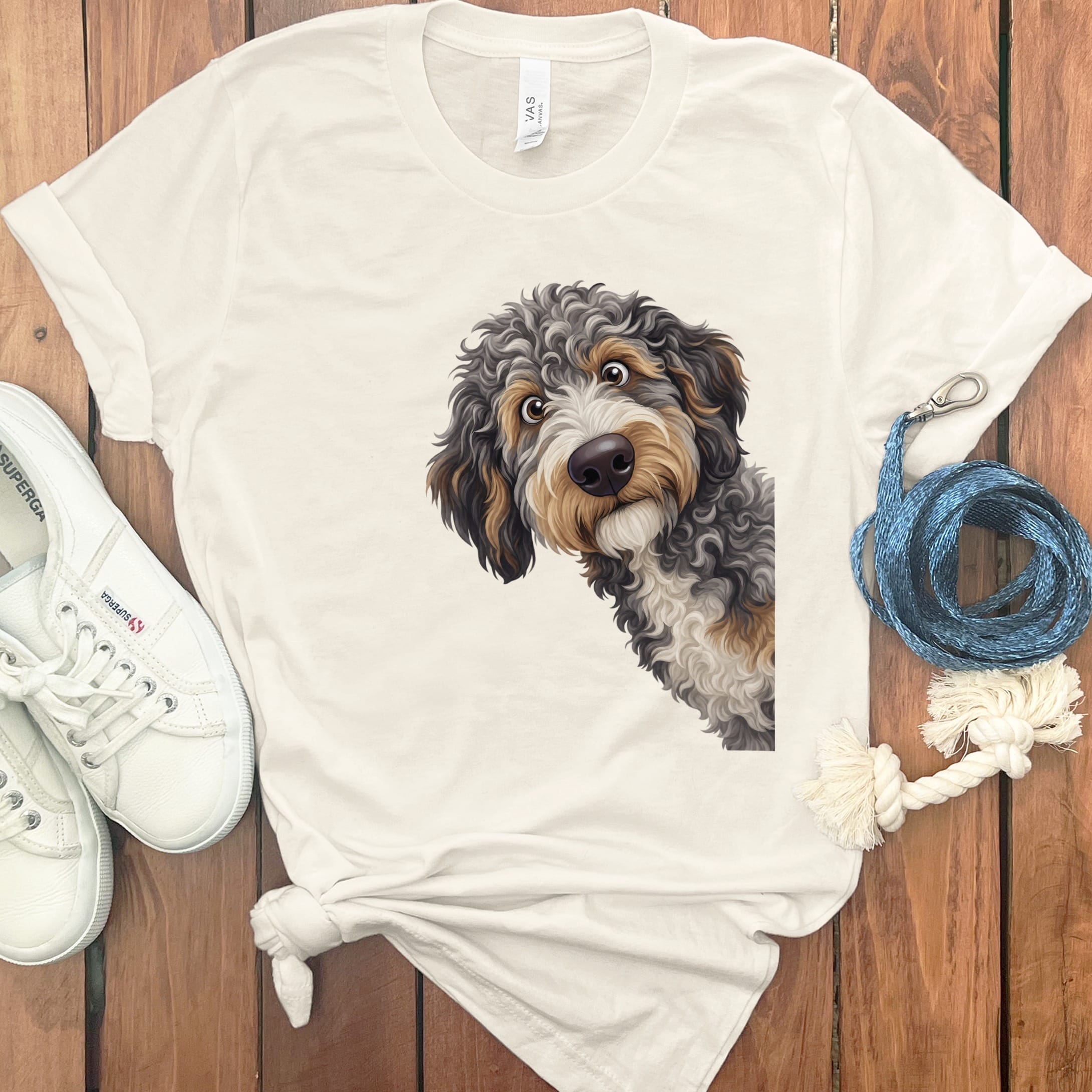 Funny Peeking Aussiedoodle T-Shirt in Natural / S by Puppy Jo