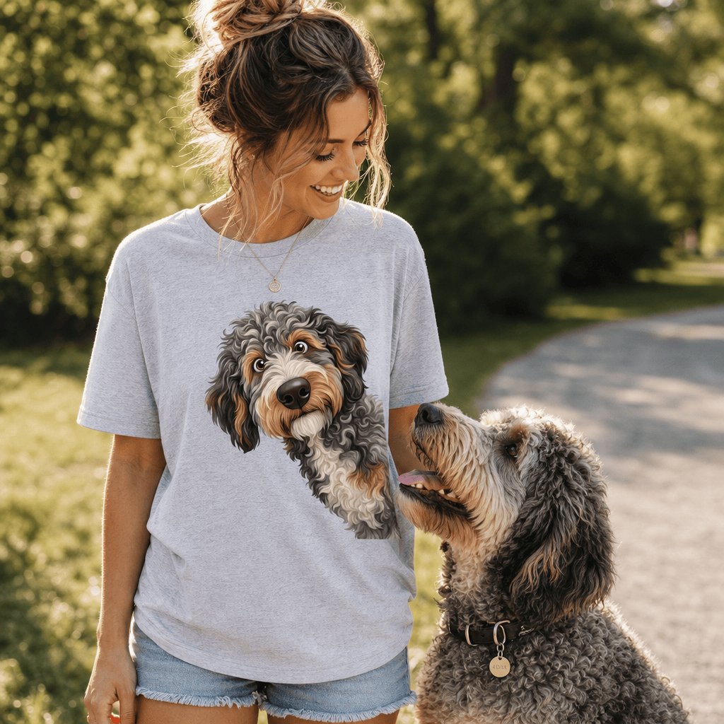 Funny Peeking Aussiedoodle T-Shirt in by Puppy Jo