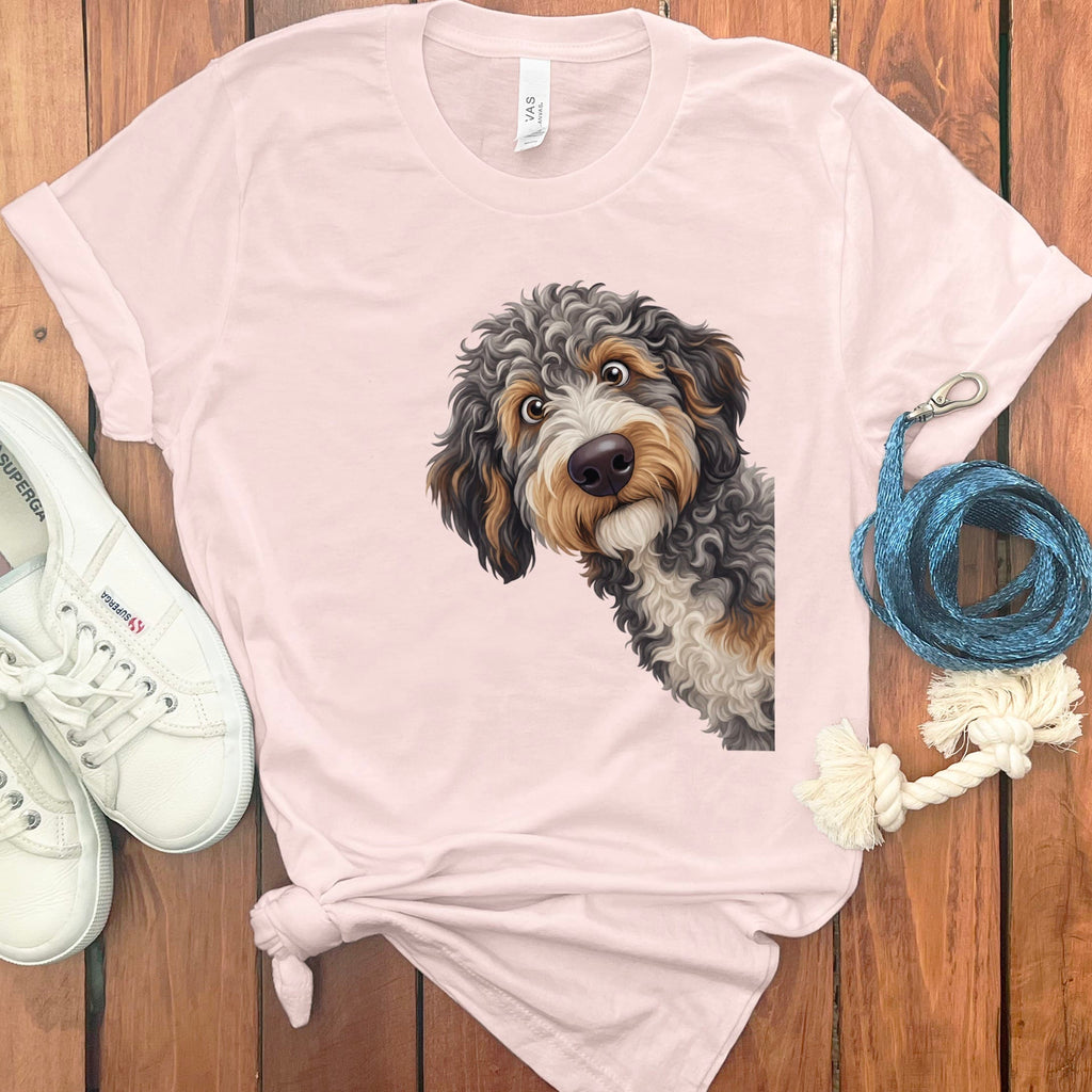 Funny Peeking Aussiedoodle T-Shirt in Soft Pink / S by Puppy Jo
