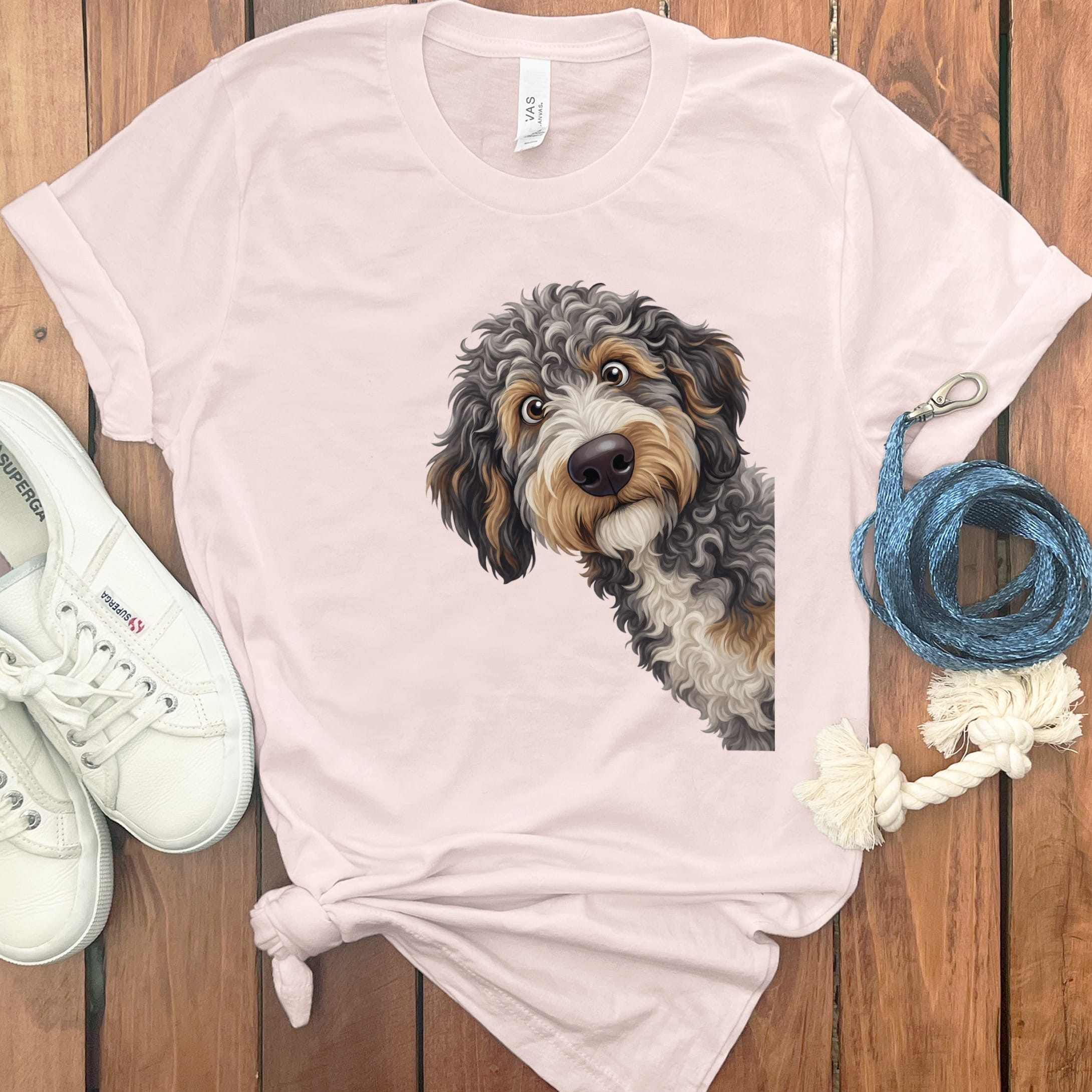 Funny Peeking Aussiedoodle T-Shirt in Soft Pink / S by Puppy Jo