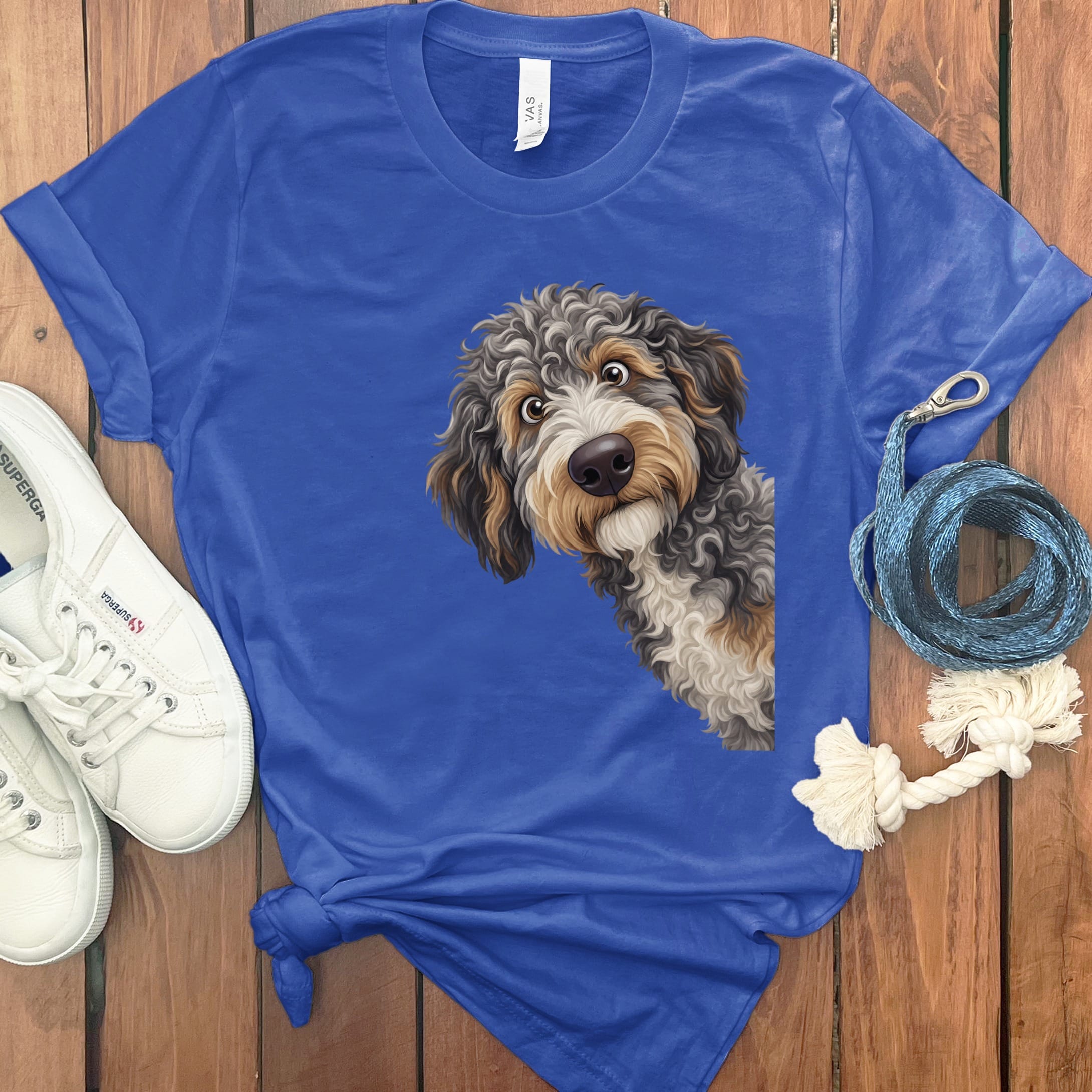 Funny Peeking Aussiedoodle T-Shirt in True Royal / S by Puppy Jo