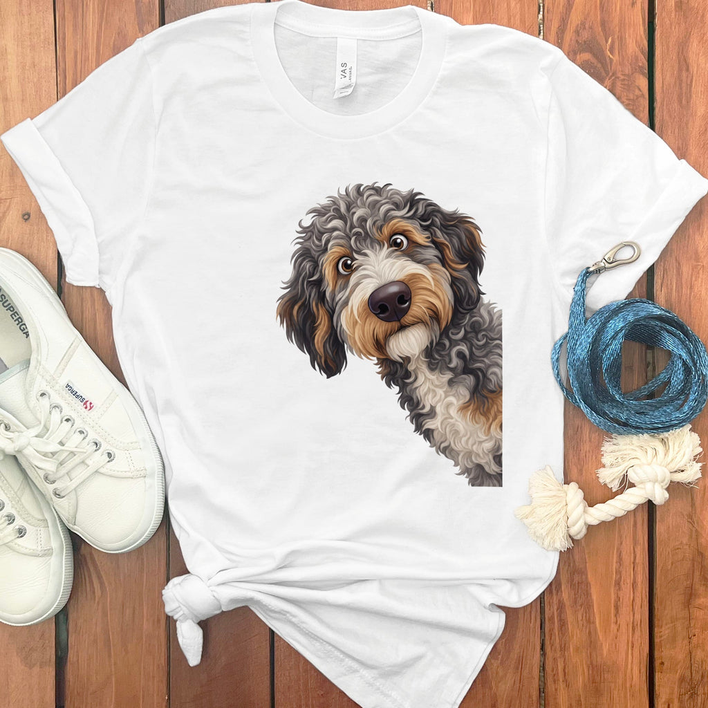 Funny Peeking Aussiedoodle T-Shirt in White / S by Puppy Jo