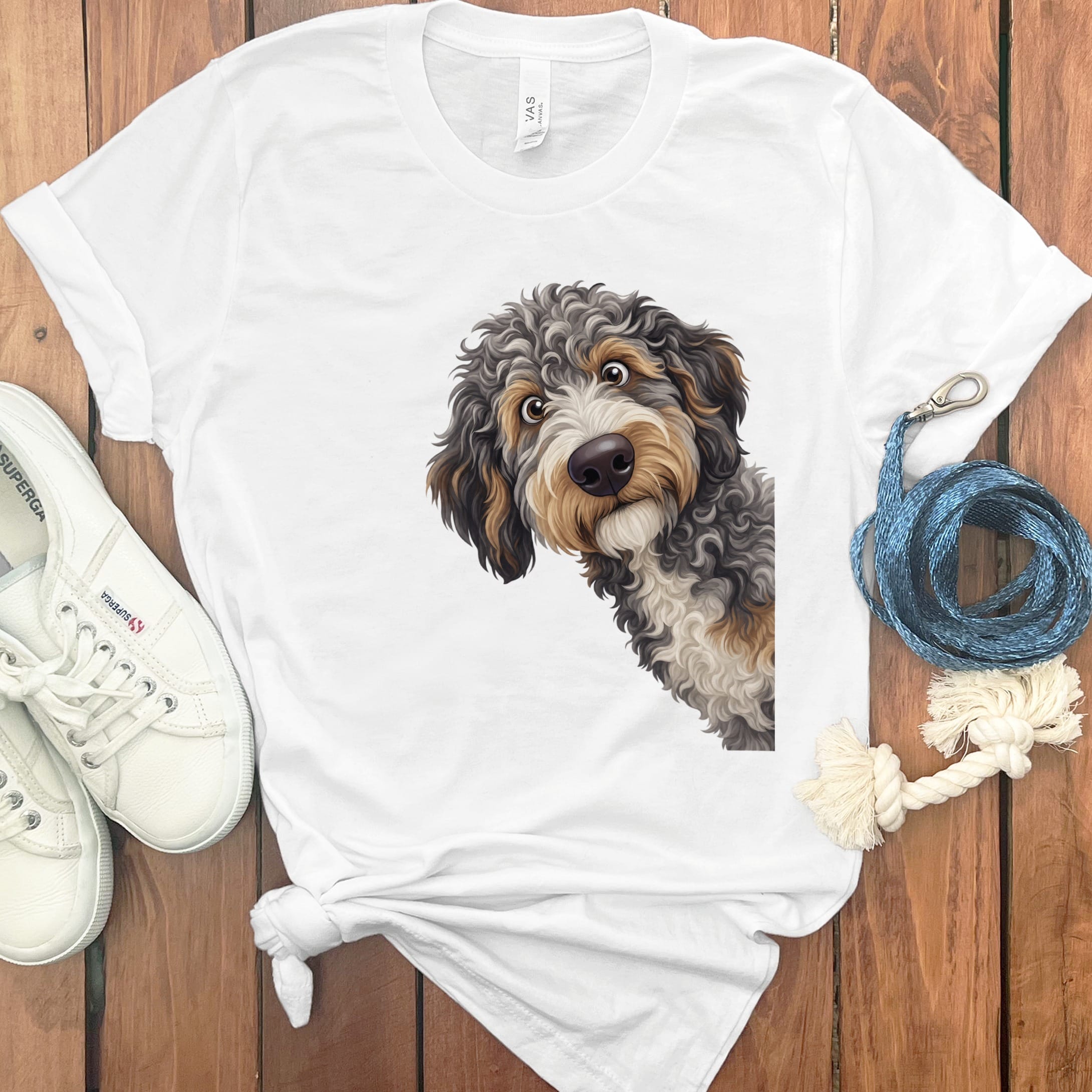 Funny Peeking Aussiedoodle T-Shirt in White / S by Puppy Jo