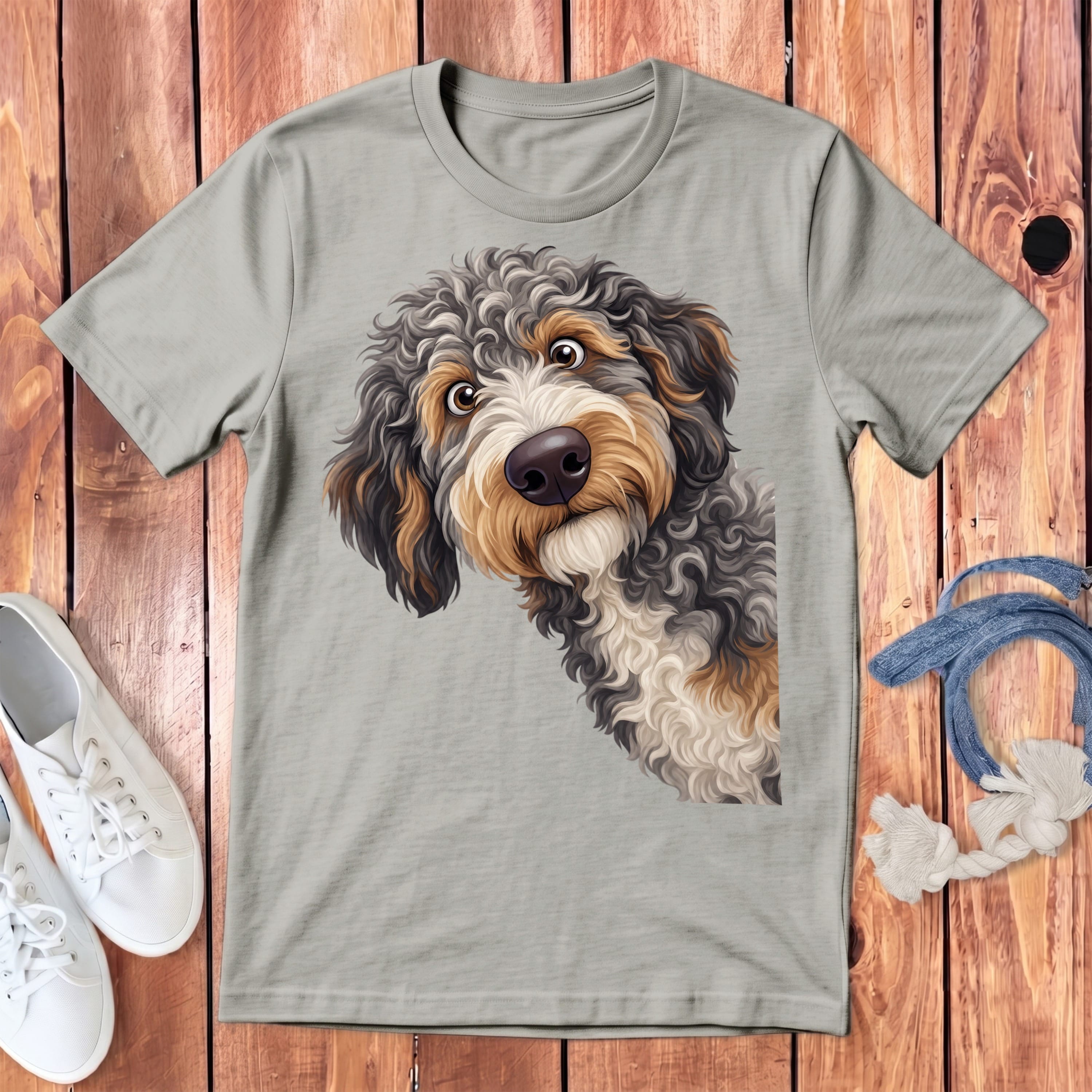 Funny Peeking Aussiedoodle Youth T-Shirt in Athletic Heather / S by Puppy Jo