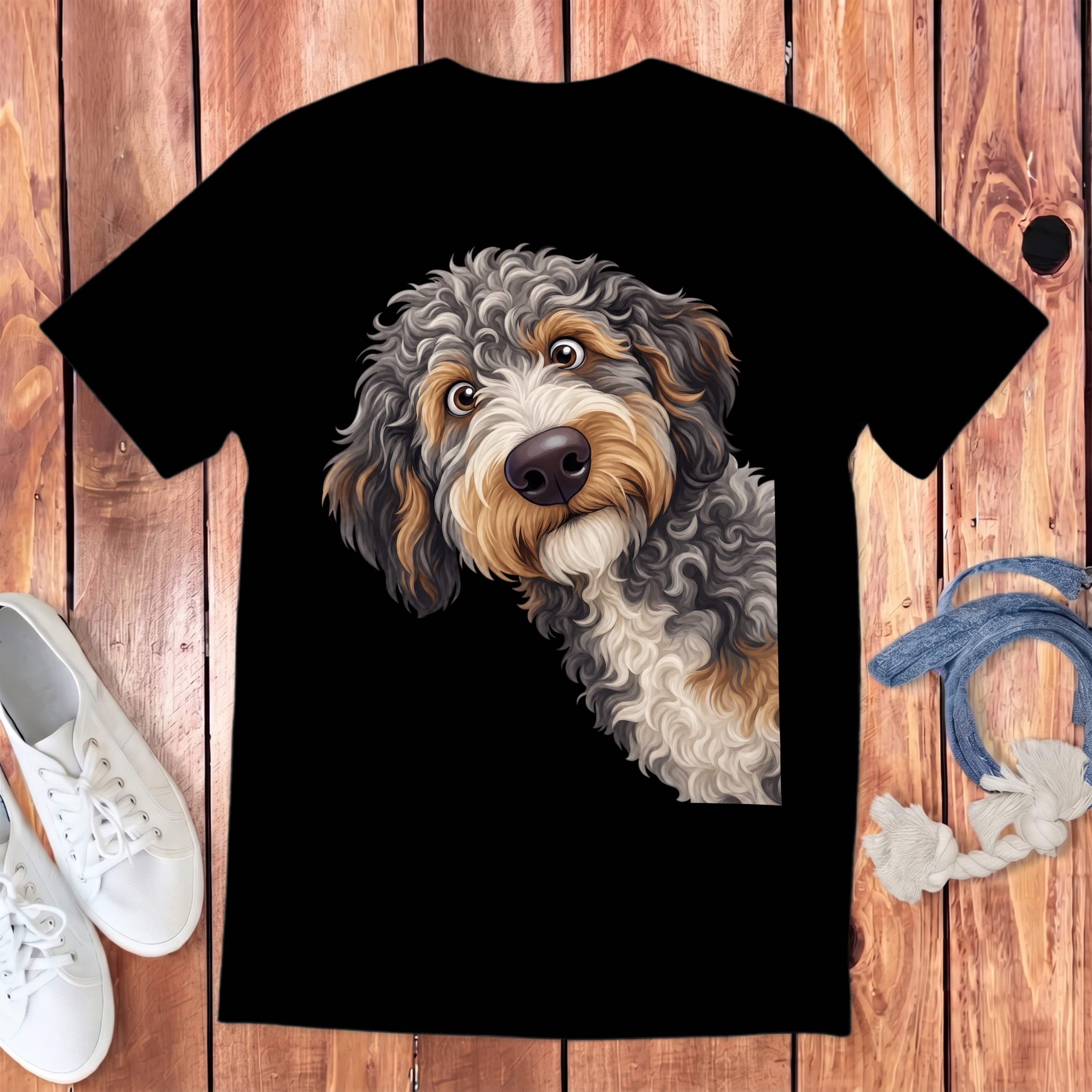 Funny Peeking Aussiedoodle Youth T-Shirt in Black / S by Puppy Jo